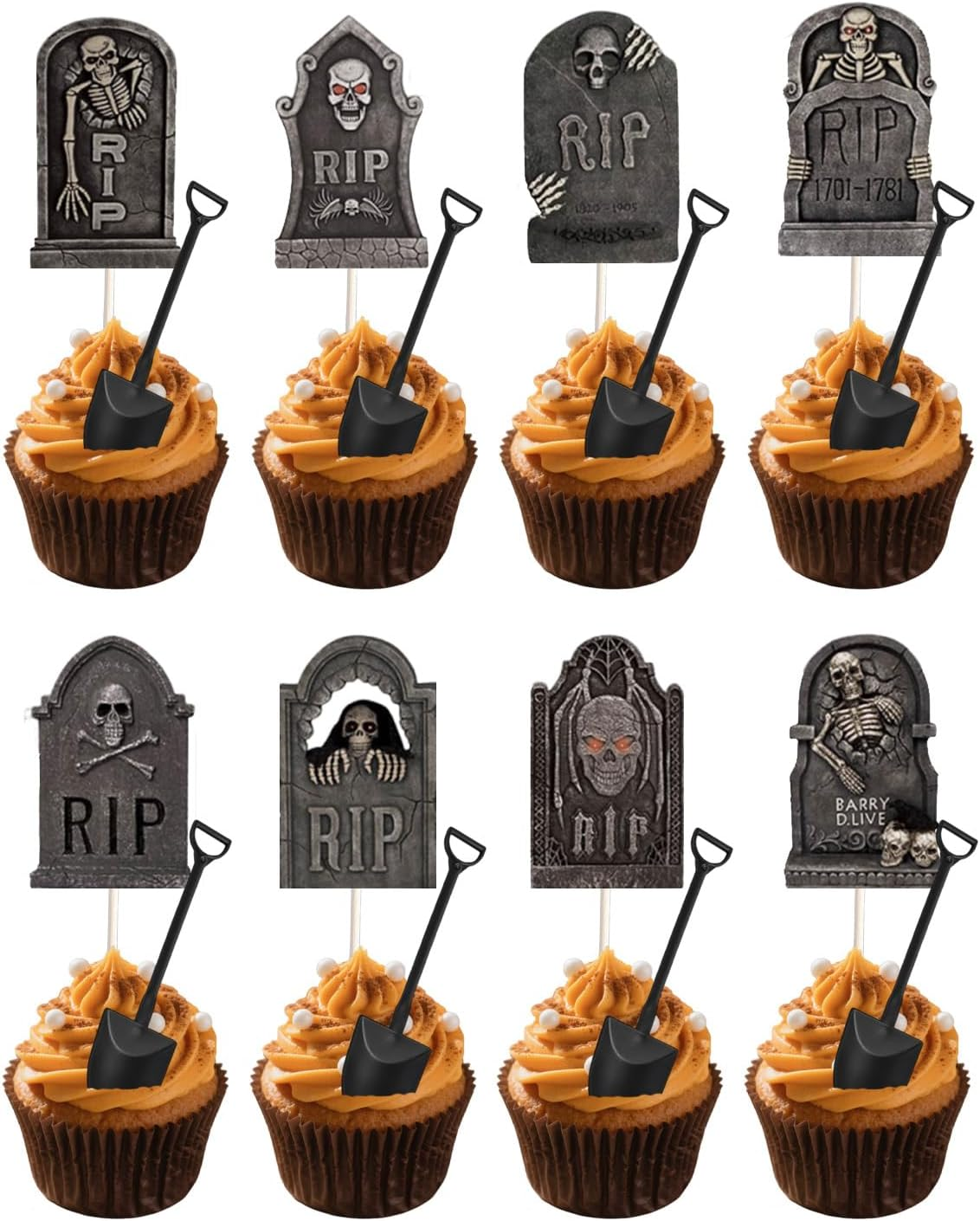 48PCS Halloween Cupcake Toppers with Novelty Mini Shovel Spoons,Tombstones Graveyard Cupcake Toppers Cake Decorations for Halloween Party Birthday Party Decoration Supplies