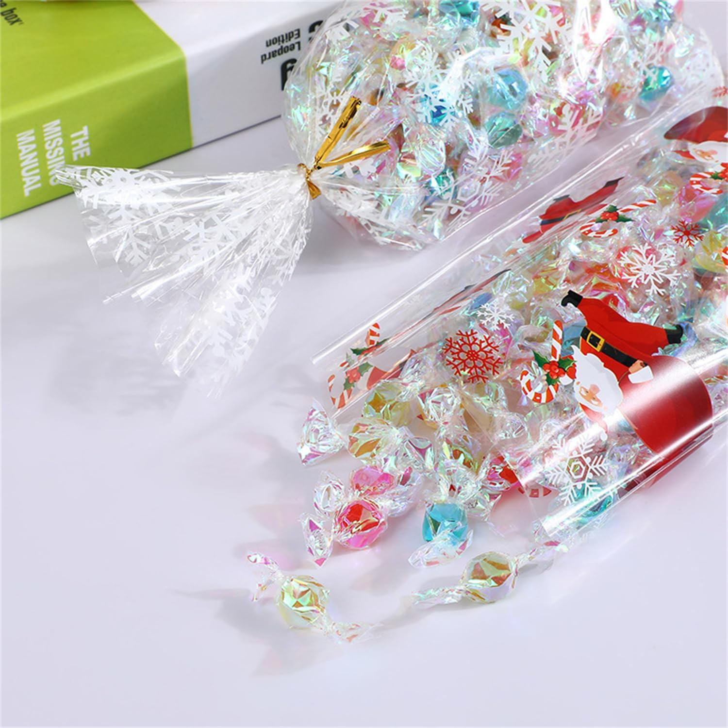 100 Pieces Christmas Treat Candy Bags, Christmas Cellophane Bag with Twist Ties Candy Cookie Bags for Party Supplies, Christmas Holiday Party Goody Supplies (White) image number 1
