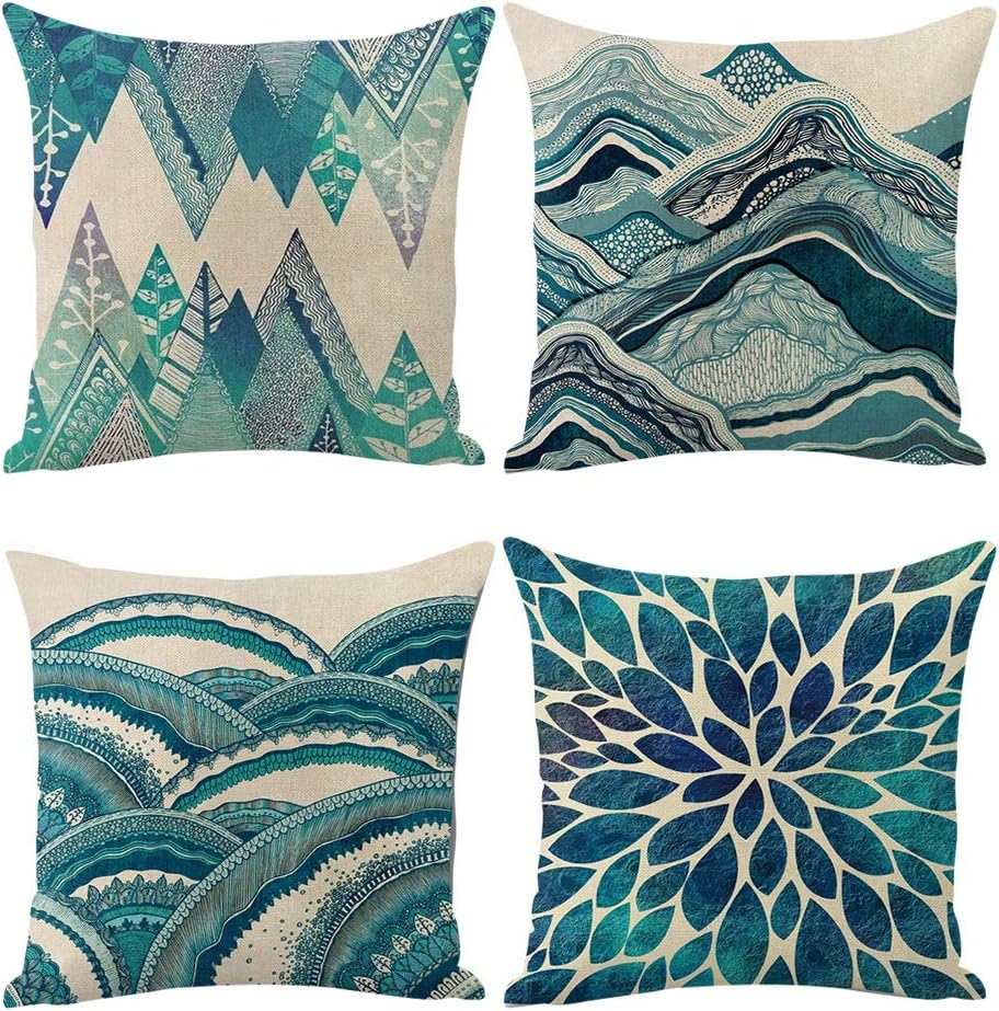 Jasfura Set of 4 Bohemia Teal Throw Pillow Covers 18X18 Inch Ocean Decorative Couch Pillow Cases Sea Cotton Linen Case Tuquoise Coastal Square Cushion Covers for Sofa, Bed and Car (Green Wave) image number 6