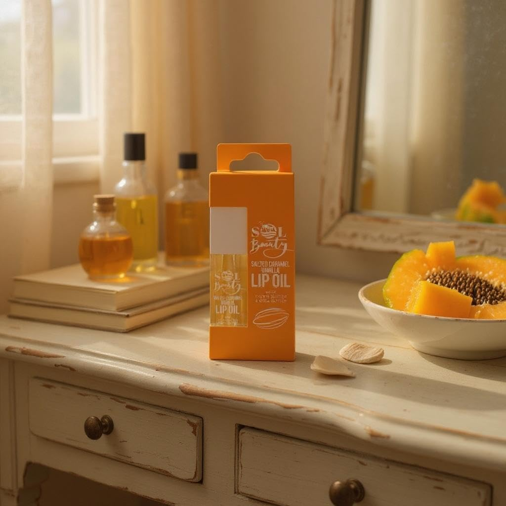 Sol Beauty Salted Caramel Vanilla Lip Oil with Cocoa Butter and Shea Butter, Hydrate and Soften Your Lips, Vegan Friendly and Cruelty Free Lip Oil 3G