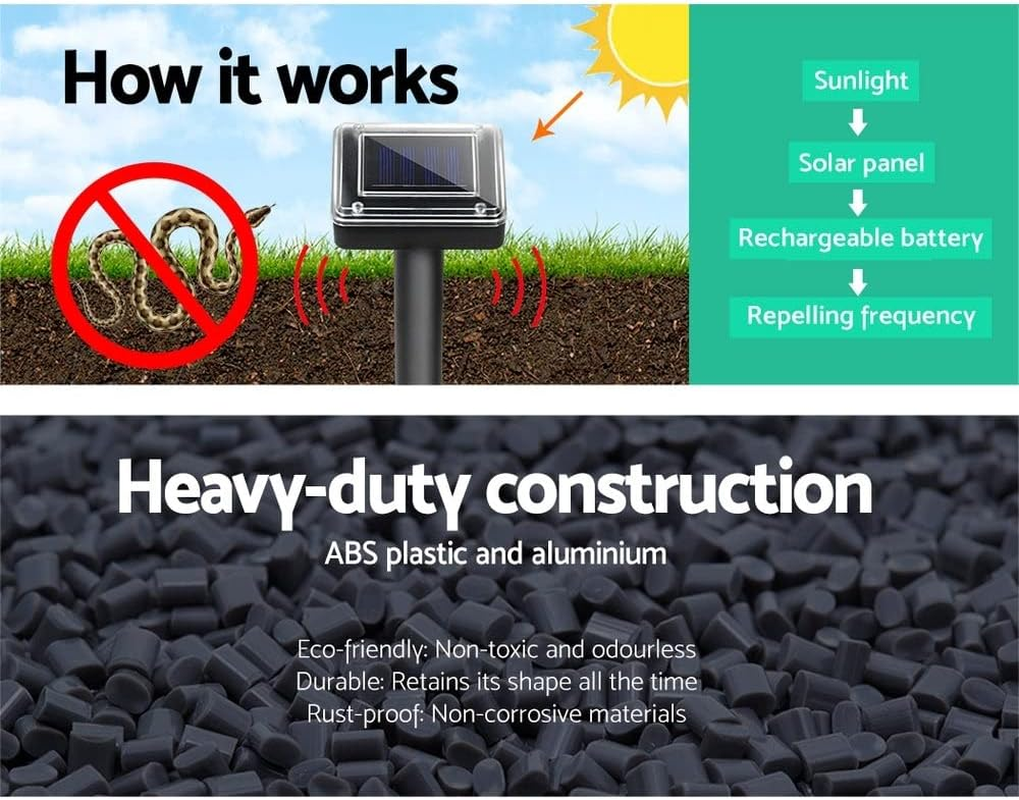 Gardeon Snake Repeller, Set of 10 Multi Pulse Solar Powered Repellent Ultrasonic Pest Mouse Repellers Rat Trap Possum Deterrent for Lawns Garden, Water Resistant ABS Plastic Black image number 4