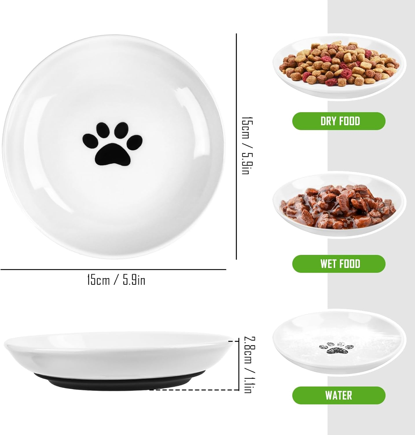 Ceramic Cat Bowl, Set of 3, Cat Bowl Set, Bowl with Non-Slip Rubber Base, Relieves Whisker Fatigue, Feeding Bowl for Cats and Small Animals