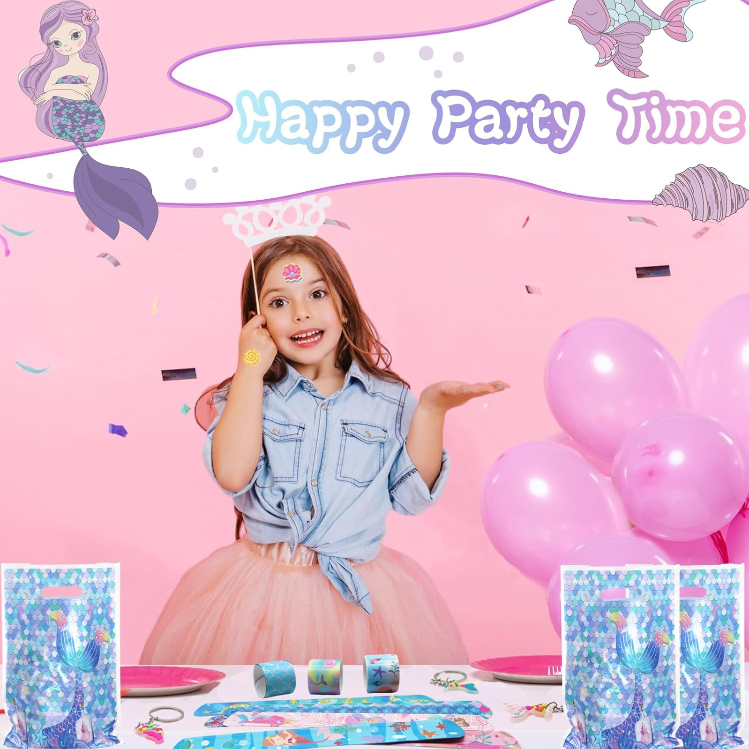 Mermaid Party Bag Fillers for Kids Boys Girls, 42Pcs Mermaid Assorted Toys Pinata Filler with Slap Bands Gift Bags Stickers Keychains Trick & Treat Goody Bag Fillers for Christmas Party