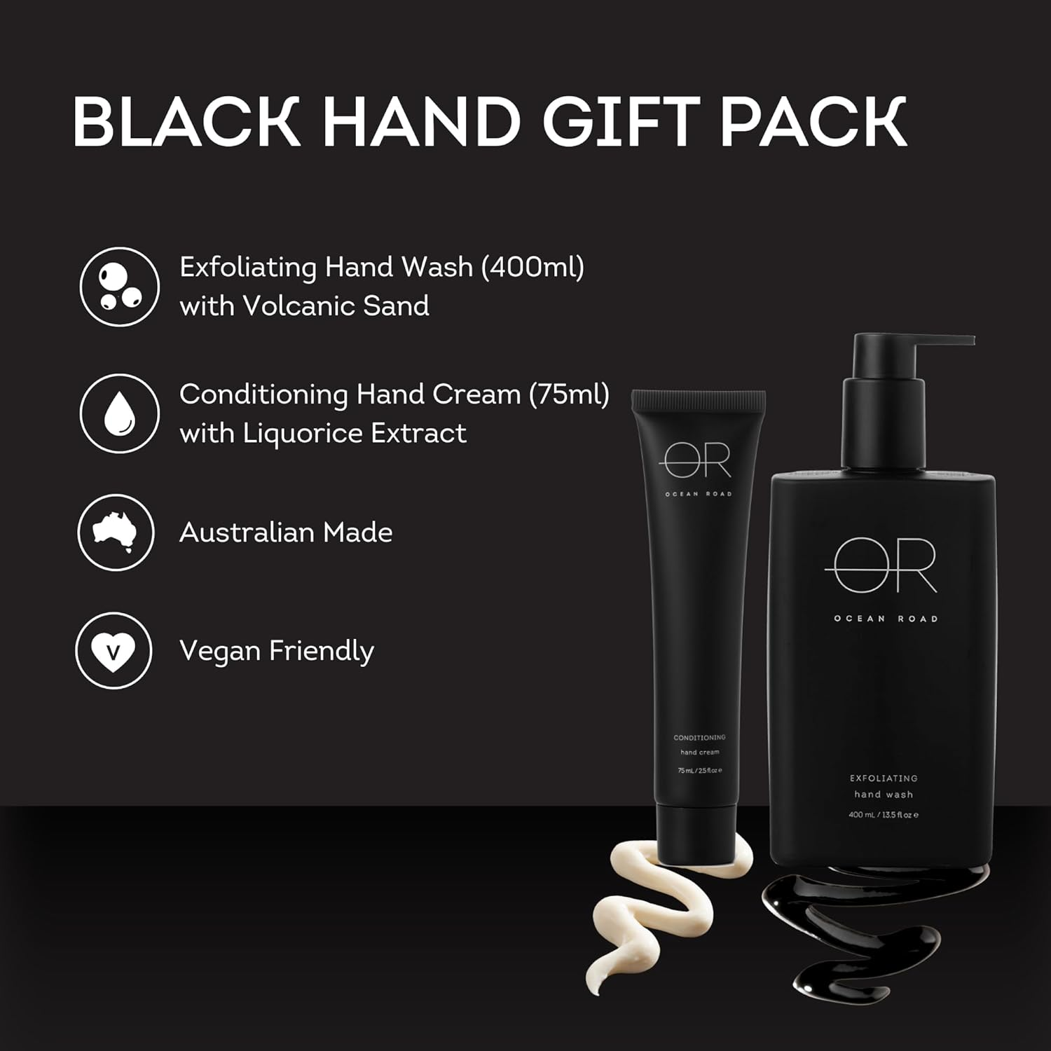 Ocean Road Black Hand Gift Pack &ndash; Exfoliating Volcanic Sand Hand Wash (400Ml) & Liquorice Extract Conditioning Cream (75Ml) &ndash; Luxurious Vegan Australian Made Care Set with Australian Rainforest Fruits and Spices Scent, Perfect for Pampering and Gifting image number 1