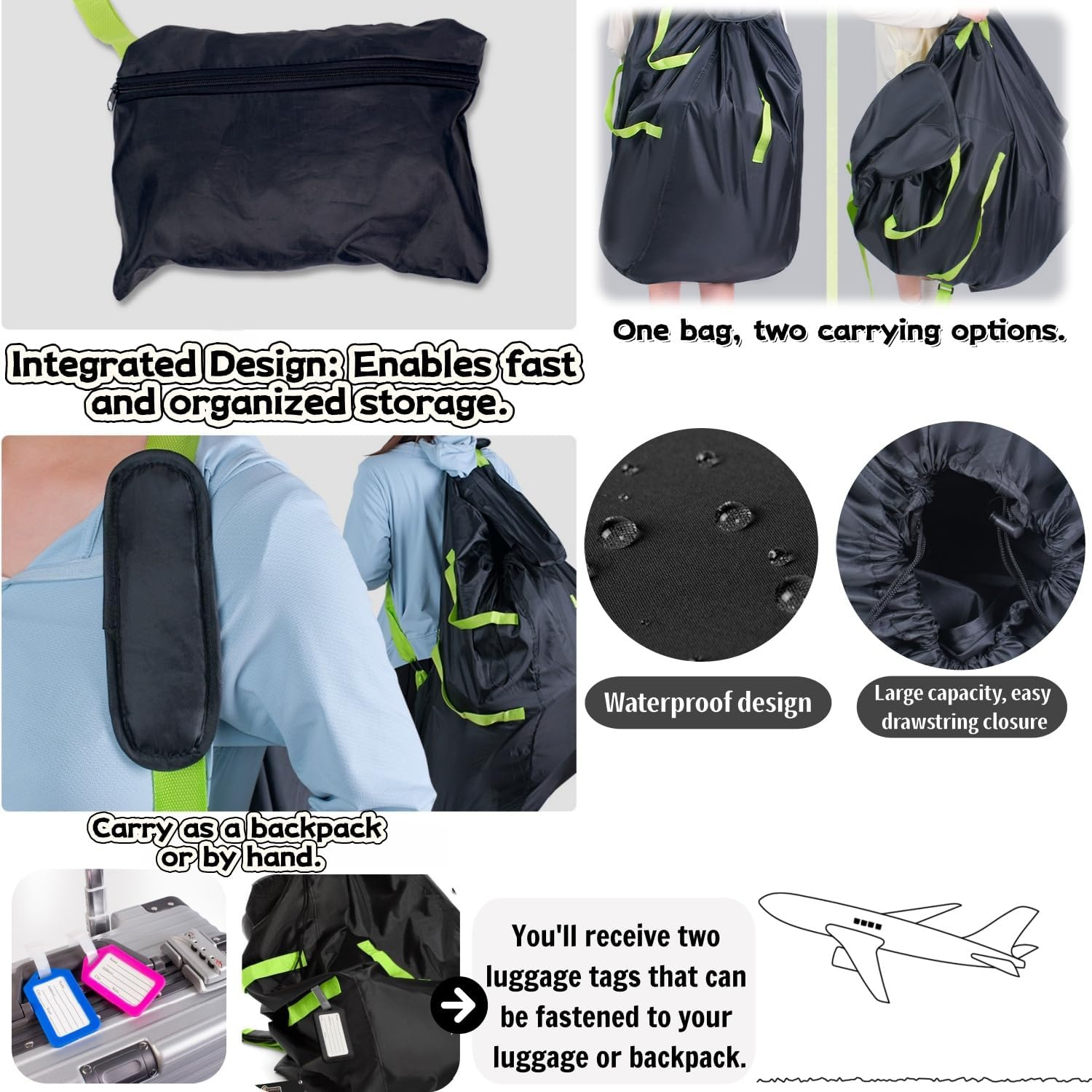 Car Seat Travel Bag for Airplane, Waterproof Durable Padded Cover with 2 Luggage Tags, Universal Fit, Gate Check Bag for Airplane, Fits Convertible Car Seats or Double Strollers