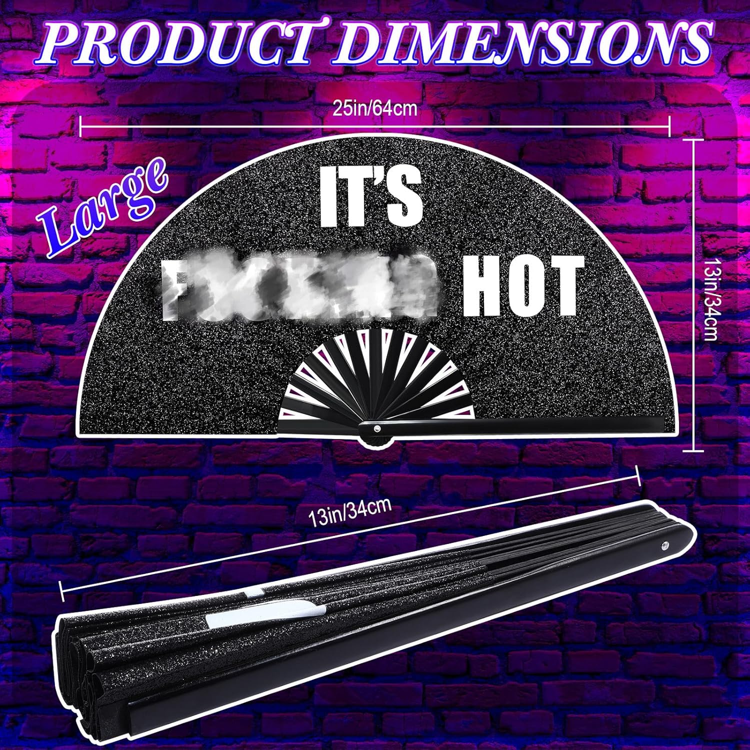 Ripeng 13'' Large Folding Fans for Line Dancing Glitter Large Rave Hand Fan Boots on the Ground Clack Rave Fan for Women with Leg Strap and Fabric Case Bag for Edm Music Party Decor(Black,Cool) image number 1