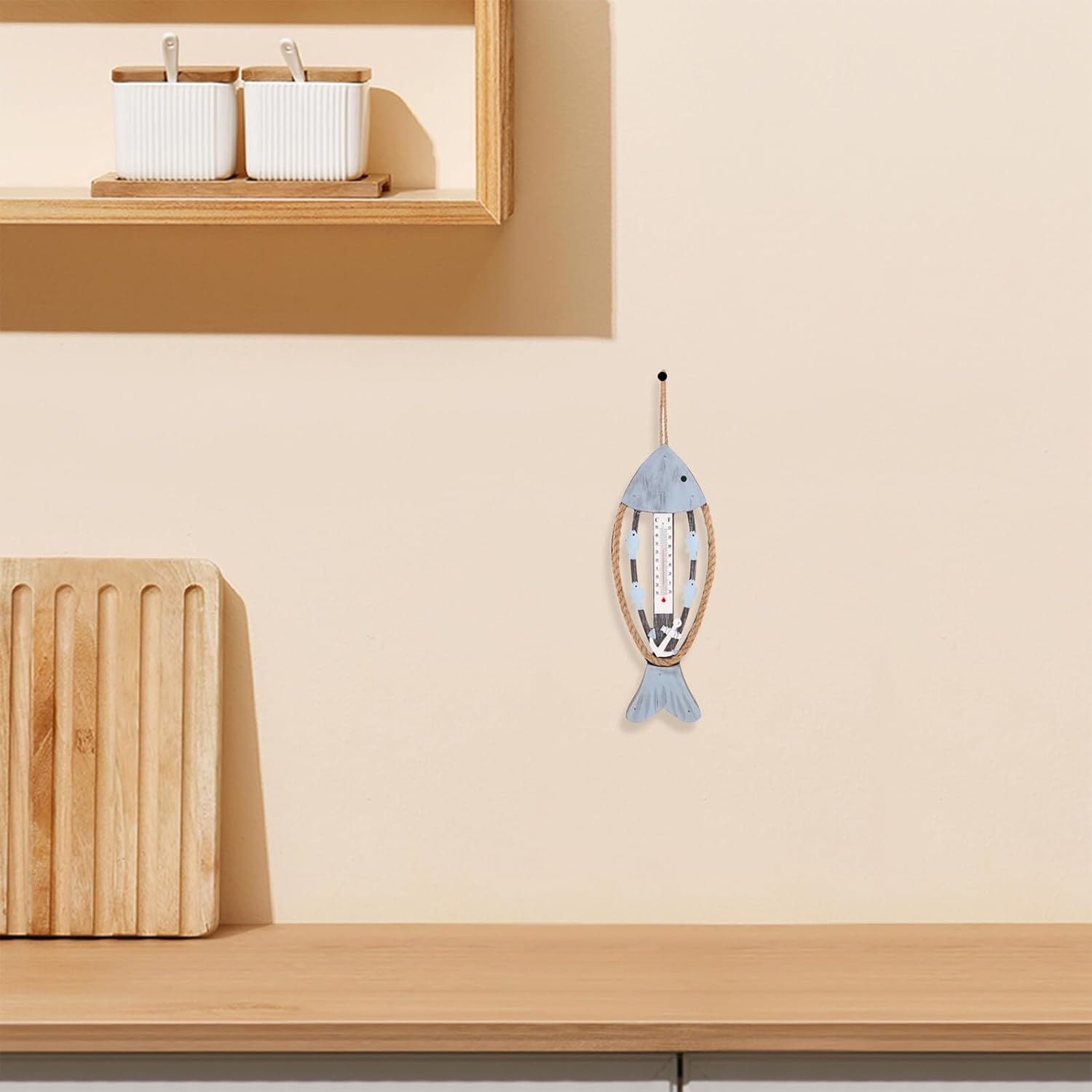 COHEALI Coastal Wooden Fish Bone Thermometer Rustic Mediterranean Style Porch Temperature Gauge Garden Wall Art Decoration for Home and Hotel image number 3