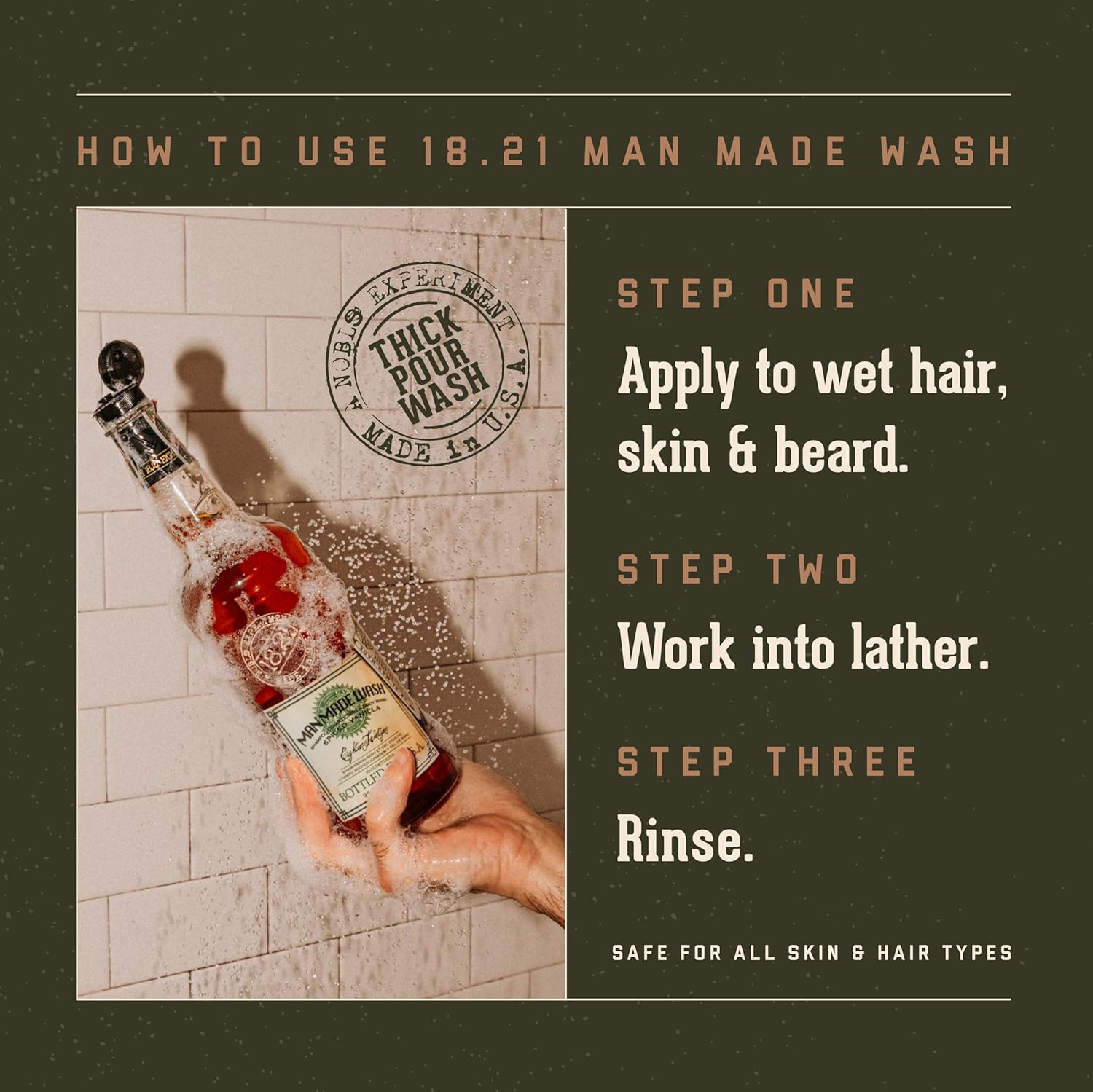 18.21 Man Made Man Made Wash - Spiced Vanilla by 18.21 Man Made for Men - 18 Oz 3-In-1 Shampoo, Conditioner and Body Wash, 532 Ml (Pack of 1) image number 4