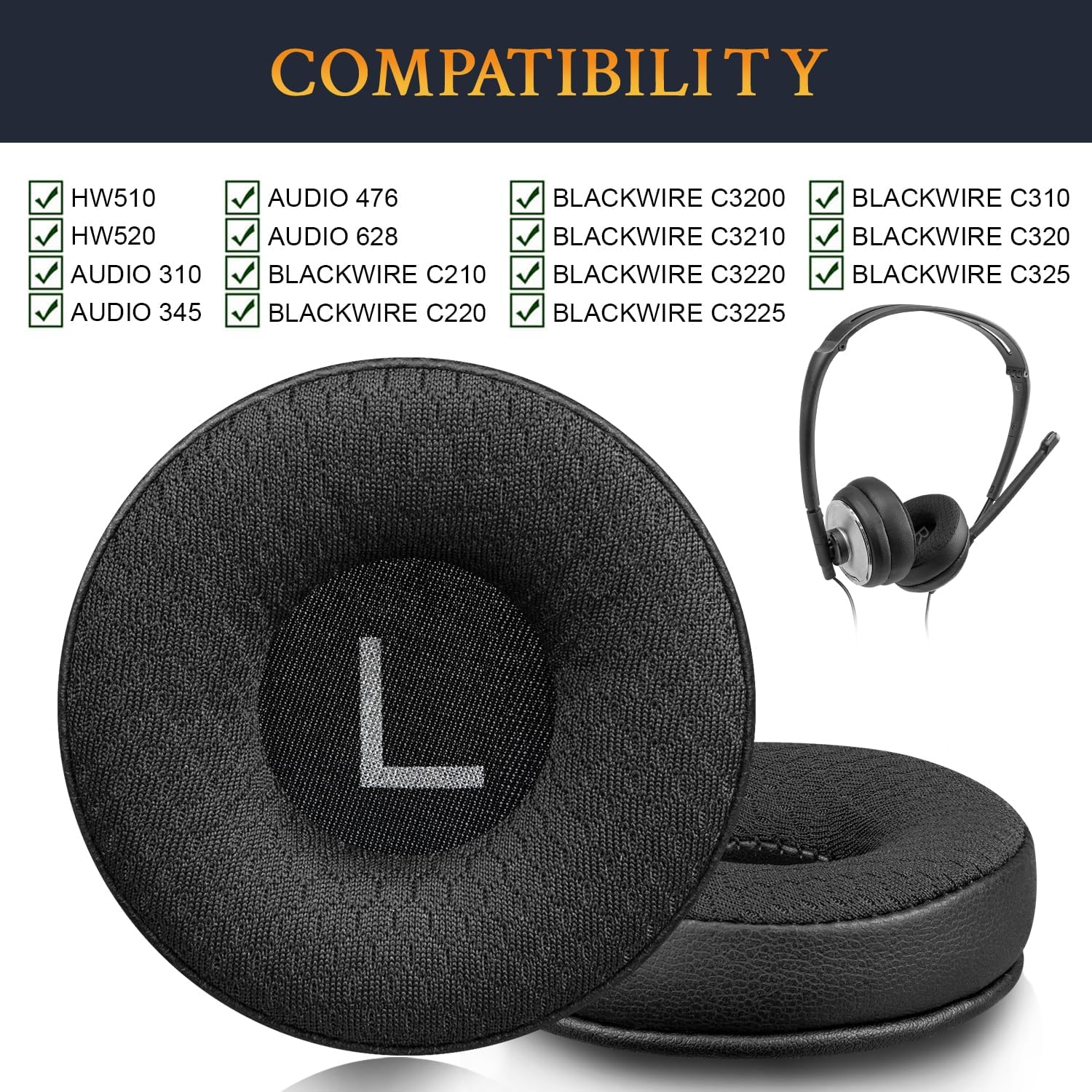 SOULWIT 60Mm Ear Pads Replacement for Plantronics HW510/HW520, Audio 310/345/476/628, Earpads for Poly Blackwire C210/C220/C310/C320/C325/C3200/C3210/C3220/C3225, Cushions with Durable Mesh Fabric image number 2
