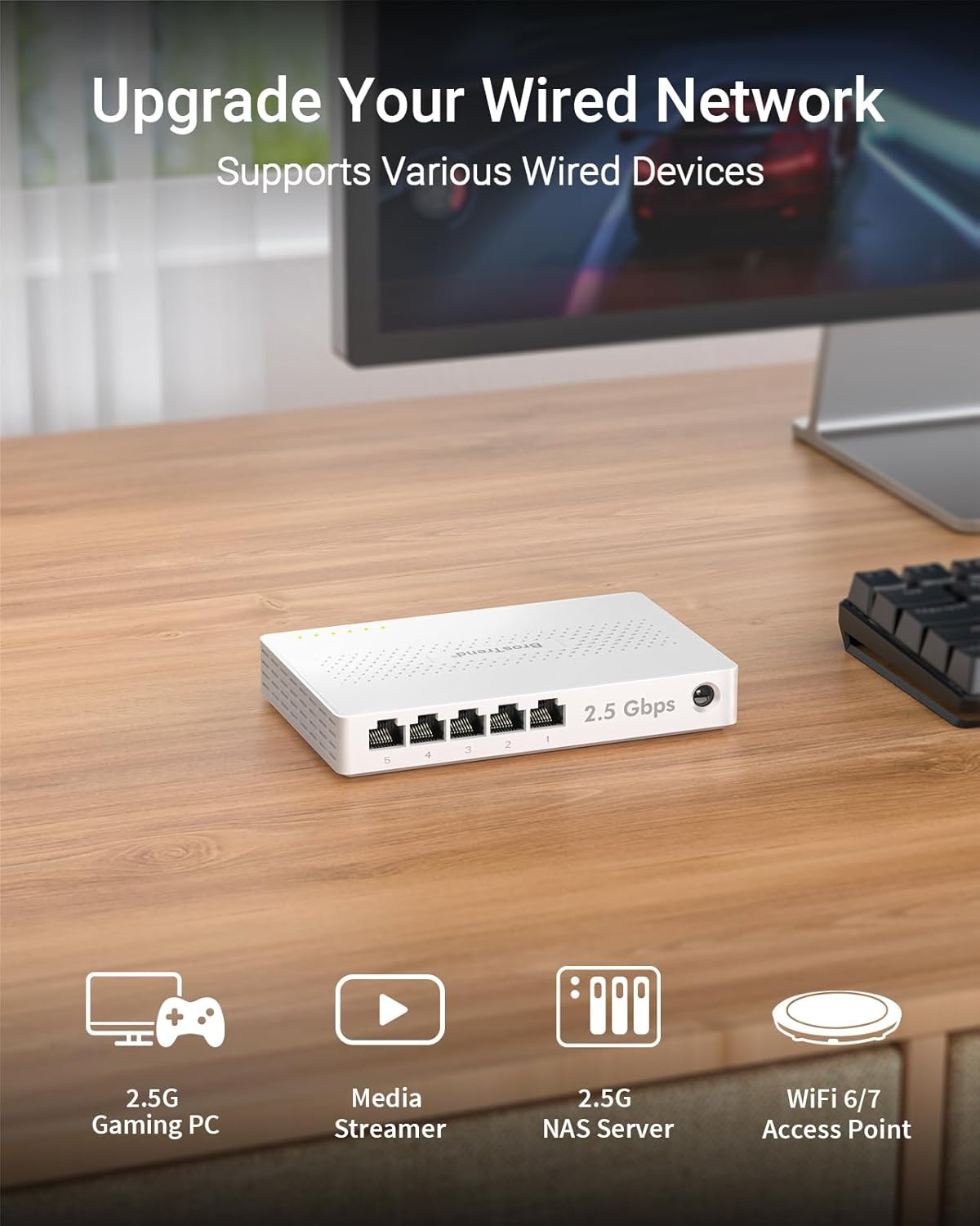 Brostrend 5 Port 2.5Gbe Ethernet Switch Unmanaged Network Switch, 2.5Gbps Bandwidth Ethernet Splitter, Ideal for Gaming & Offices, 4K Video, Fanless Design, Plug & Play, Limited Lifetime Protection image number 5