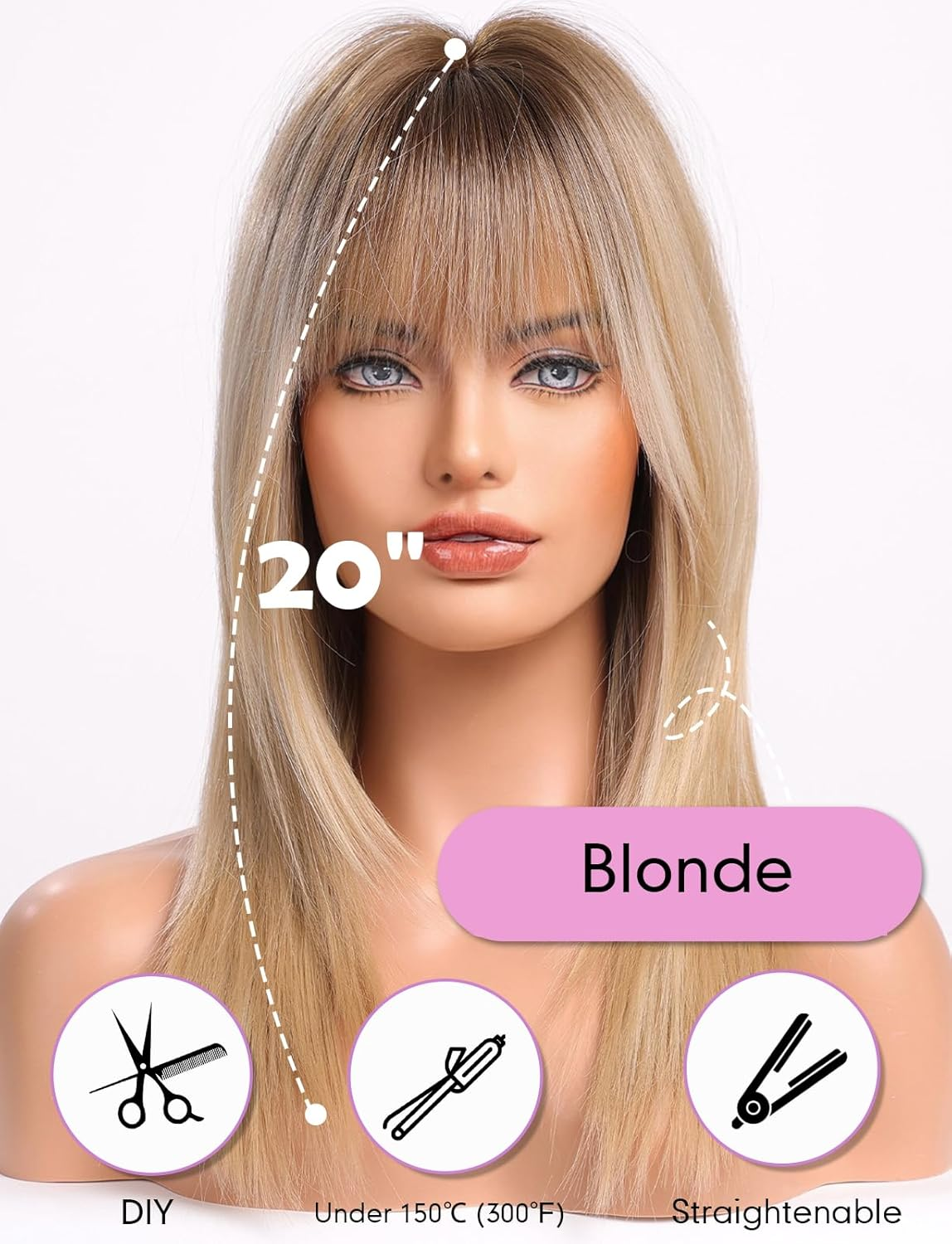 WOKESTAR Long Straight Wigs for Women with Fringes, Layered Synthetic Blonde Colour Wigs for Women - Blond image number 5