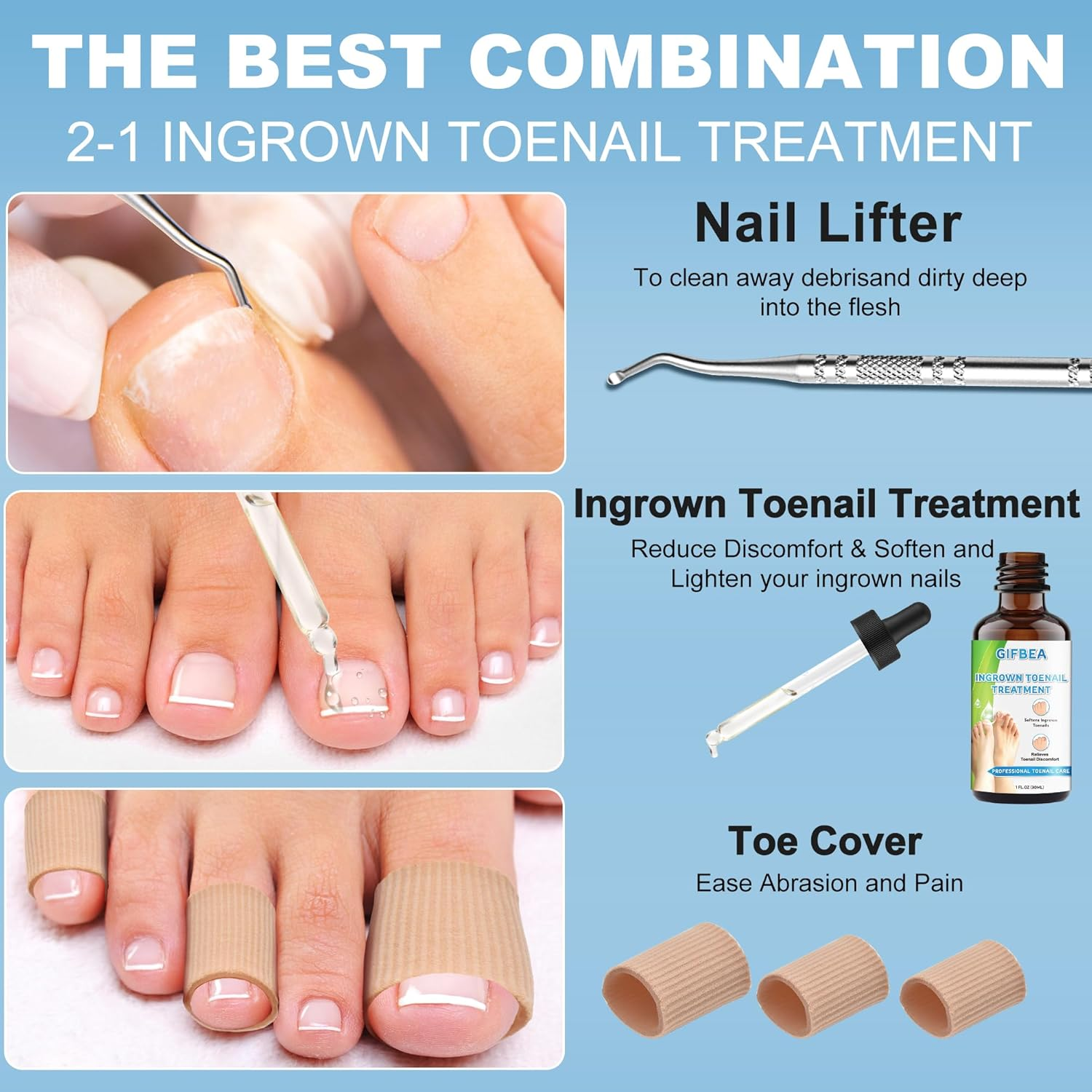 Ingrown Toenail Treatment W/Ingrown Toenail Drops Reliever & Softener,Double Sided Pedicure Nail Lifter Tool for Easy Trimming Care Thick Nail & Ingrown Toe Nail,Toenail Cleaner Kit for Men Women