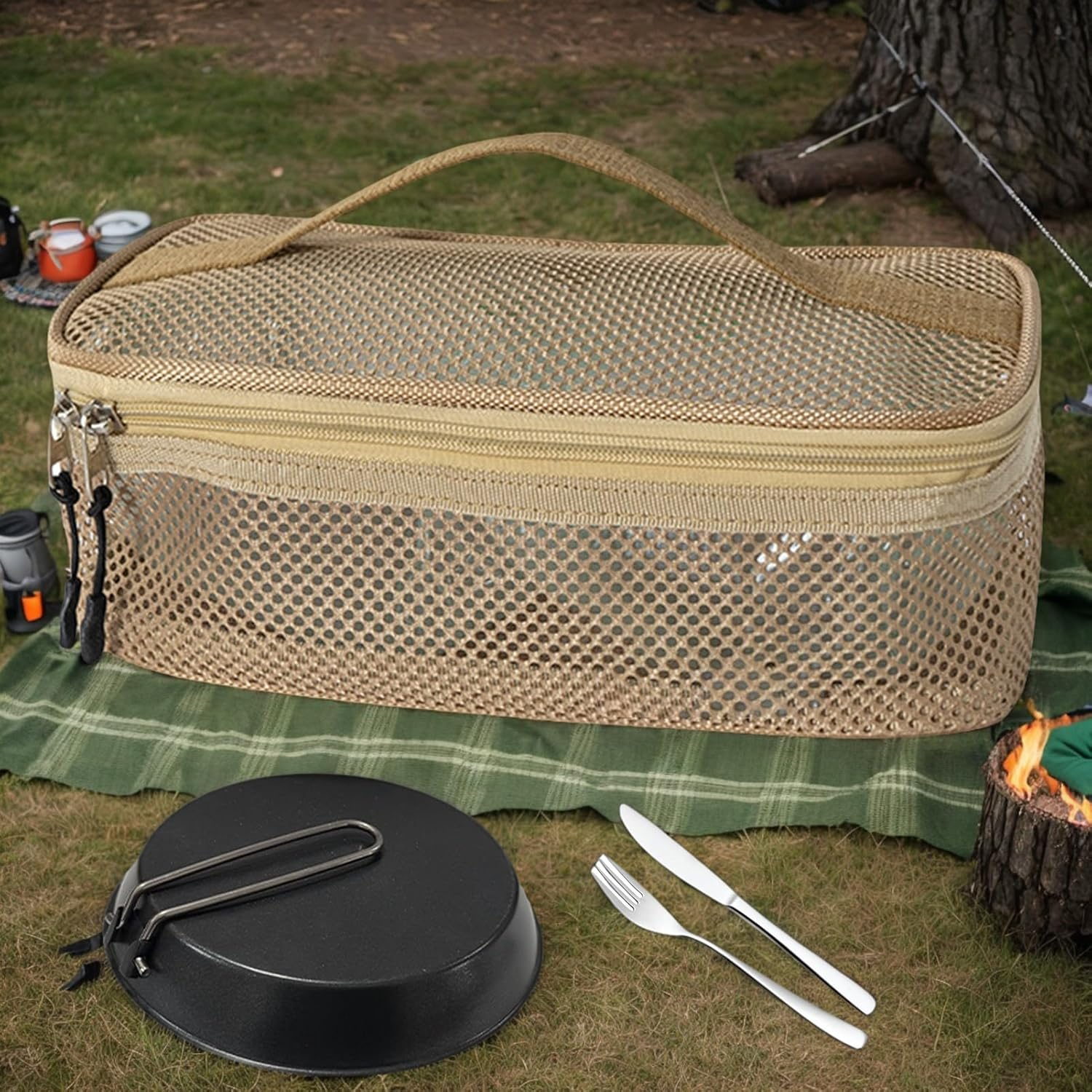 Camping Cookware Bag, Portable Kitchen Utensils Pouch, Breathable Mesh Utensils Makeup Storage Bag for Camping Barbecue Picnic Climbing Beach Adventure Vacation image number 4
