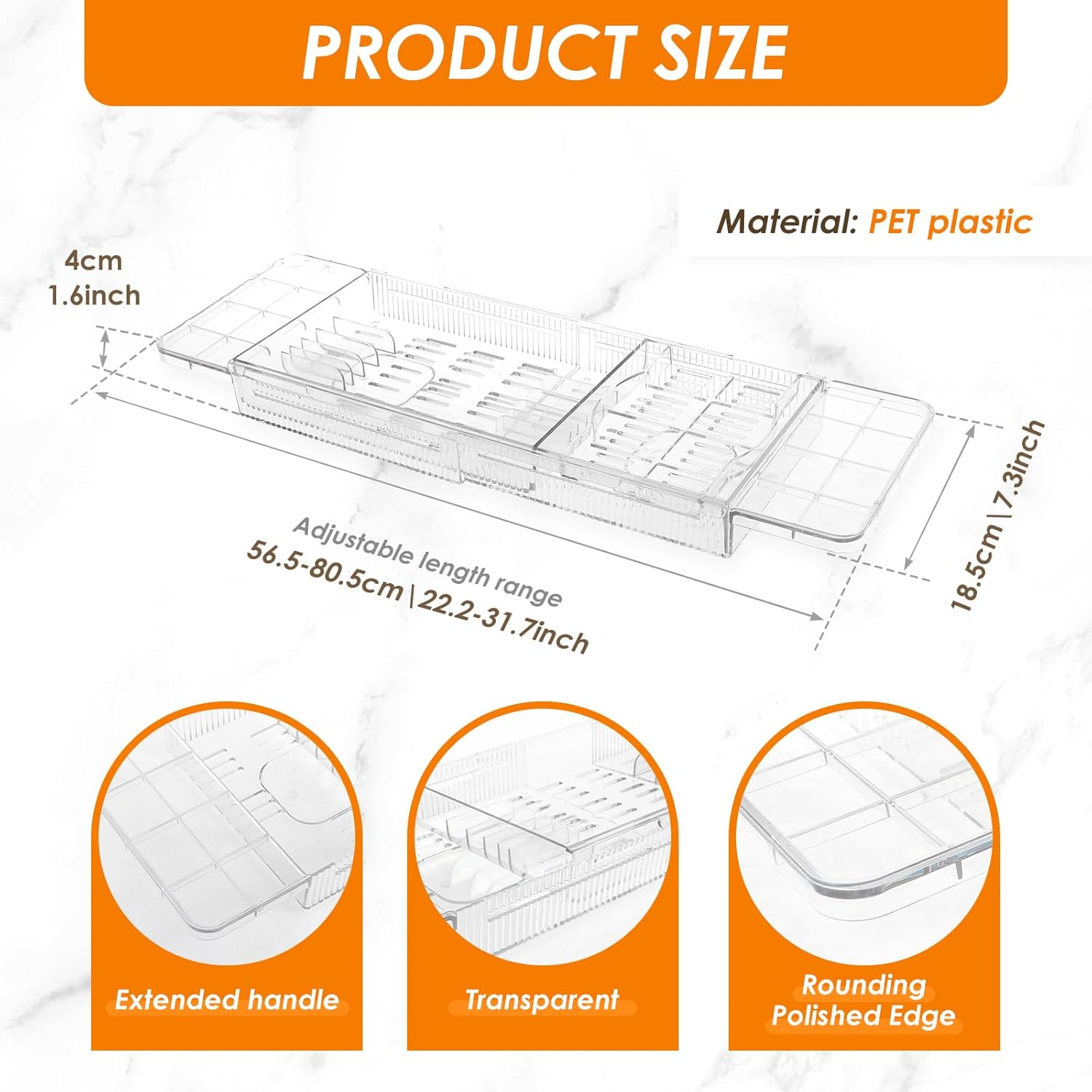 Expandable Bathtub Caddy Tray 56.5Cm to 80.5Cm Adjustable Length Clear Bathtub Tray Plastic Drain Bath Shelf Caddy Adjustable Plastic Bathtub Caddy Bathroom Tray Bathtub Accessories