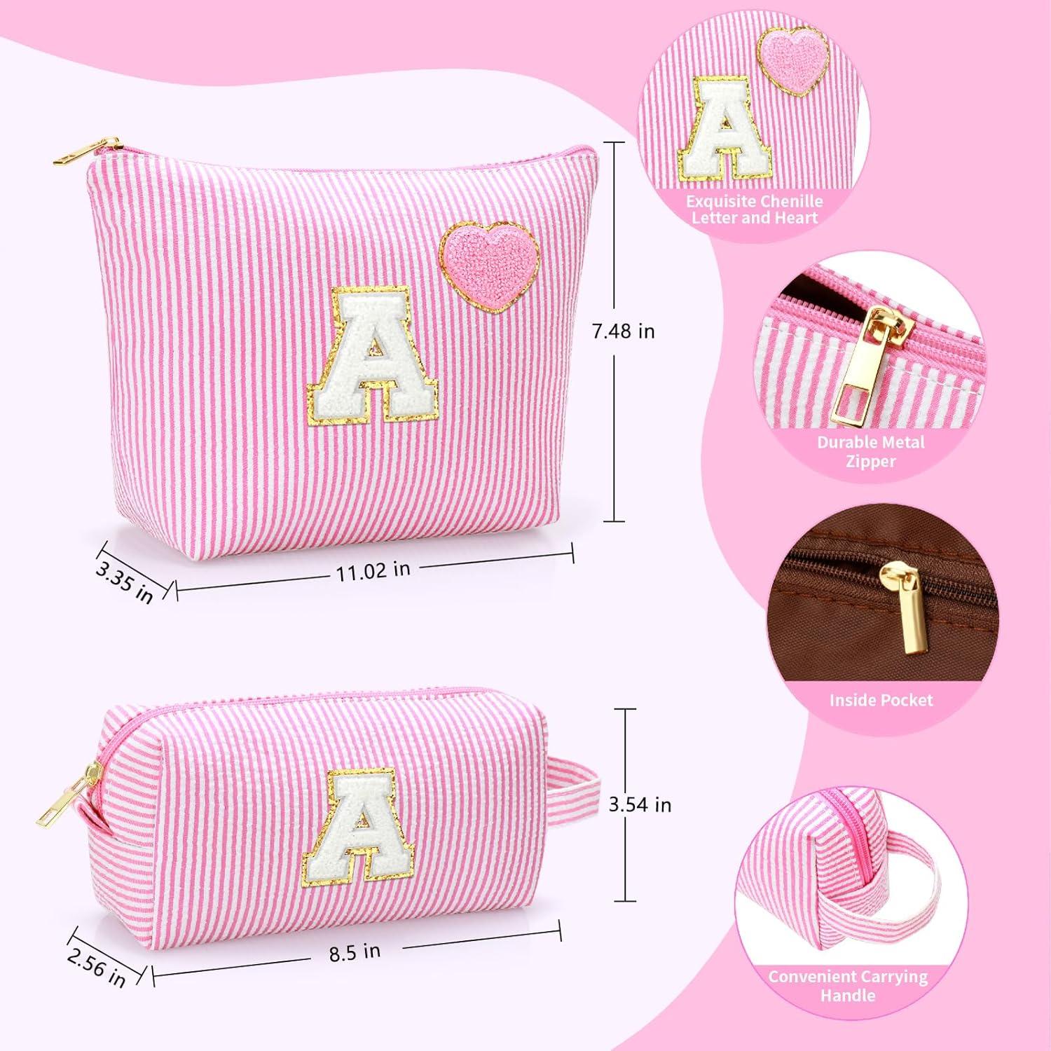 YILANCOL Initial Makeup Bag Personalized Preppy Cosmetic Bag Trendy Toiletry Travel Bag for Teen Girls Kids Women Letter Makeup Pouch Purse Holiday Gifts Birthday Christmas Gifts 2Pack, Pink image number 6