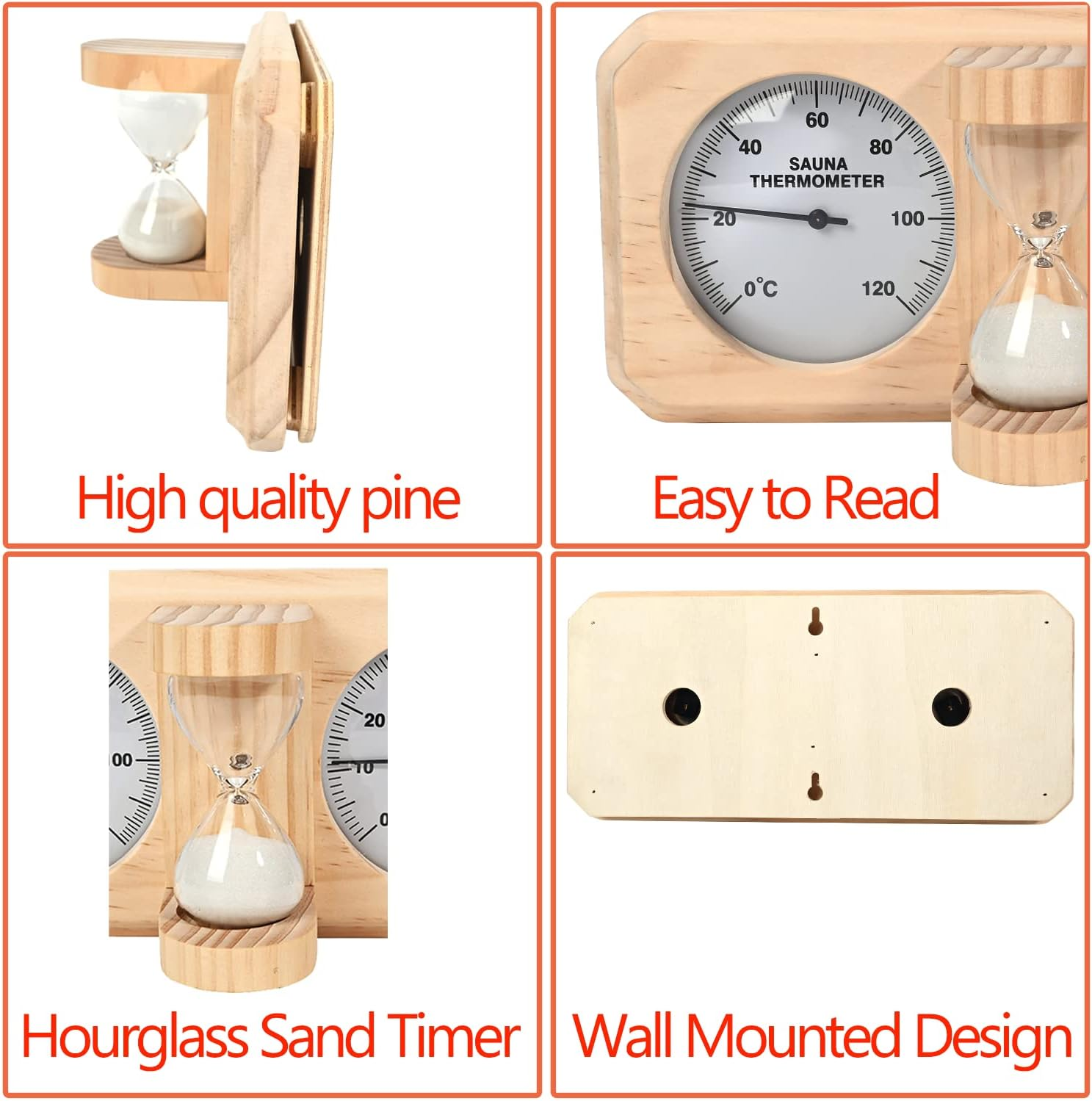 Ikare Sauna Thermometer and Hygrometer - 3 in 1 Wooden Sauna 15 Minute Hourglass Sand Timer, Wall-Mounted Sauna Room Accessories image number 1