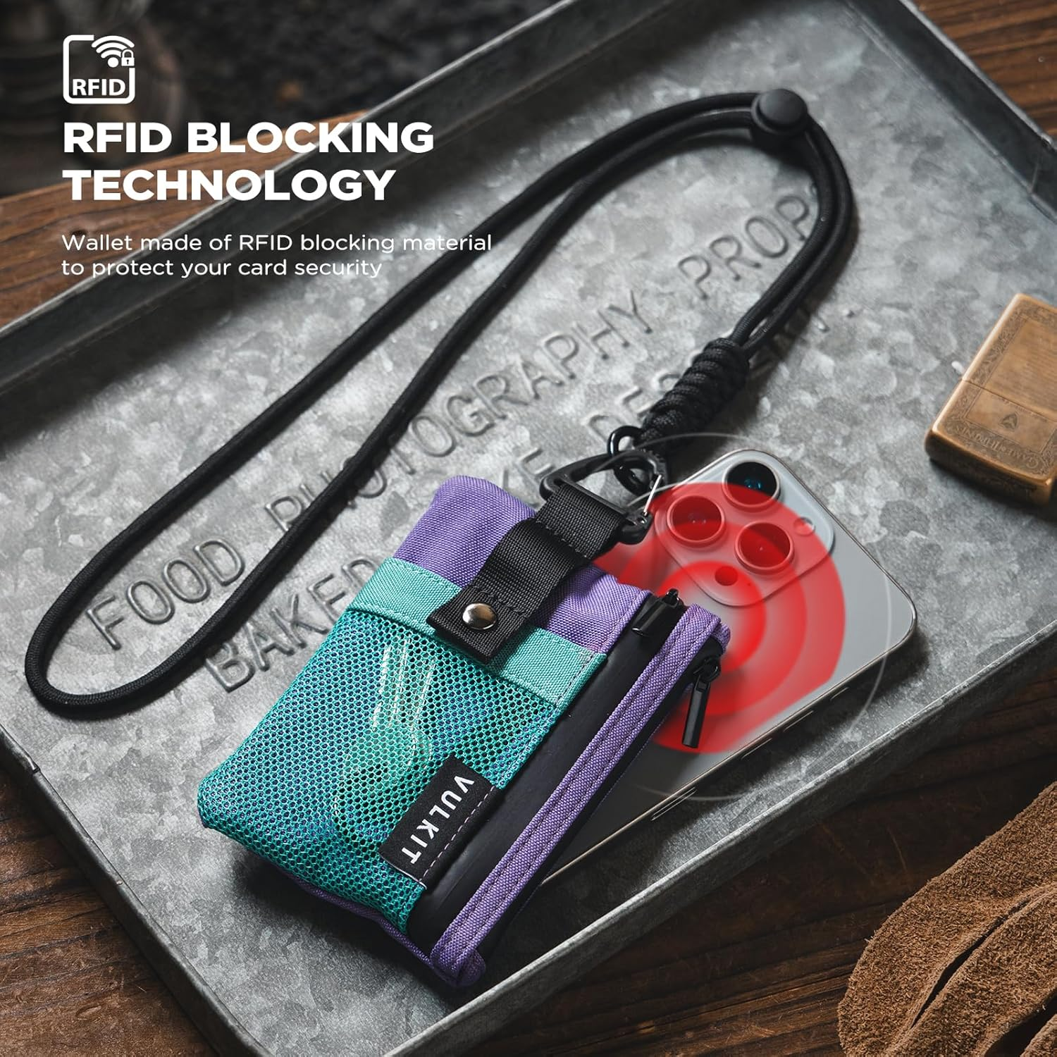 VULKIT Small RFID Wallet for Women & Men - Minimalist Zipper Wallet with ID Window, Keychain & Carabiner, Holds 15 Cards, Water Resistant Travel Lanyard Wallet Aauagreen Purple - Black image number 3