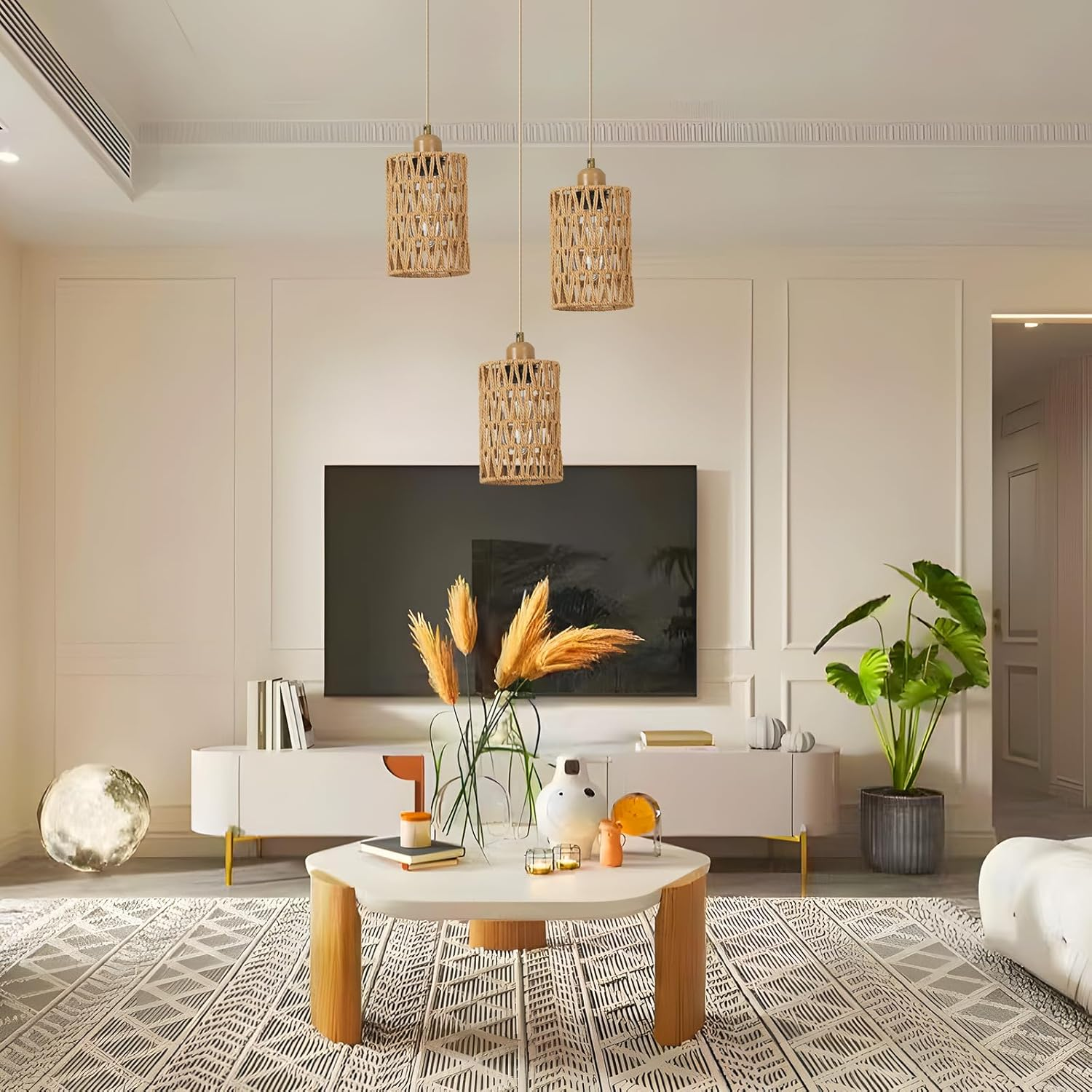 FORCOSO 3-Light Rattan Boho Pendant Lamp, Brown, 24X30Cm, E27, Indoor, Multiple Rooms - Rattan Ceiling Lamp image number 4