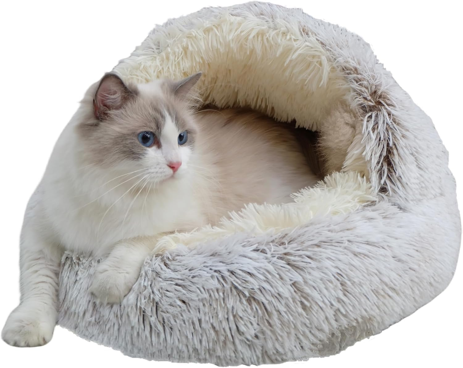 Calming Dog Beds & Cat Cave Bed with Hooded Cover,Removable Washable round Beds for Small Medium Pets,Anti-Slip Faux Fur Fluffy Coved Bed for Improved Sleep,Fits up to 15/25 Lbs(,24"X24") (Grey) image number 3