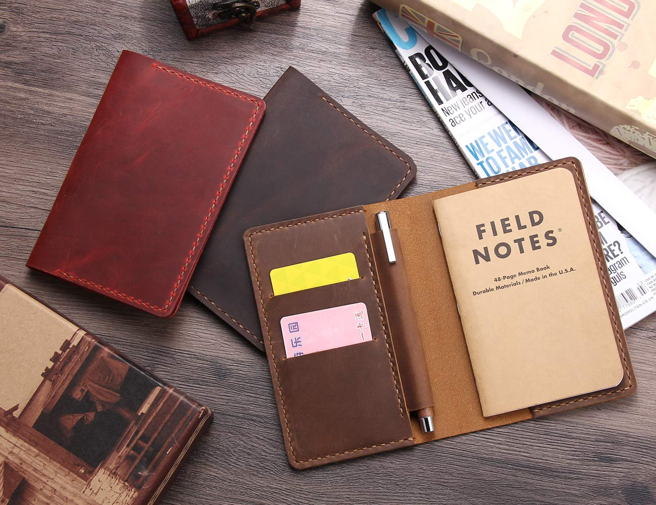 Leather Notebook Cover for Field Notes, Handmade Journal Cover for Moleskine Cahier Journal, Leather Cover with Pen Holder Fits 3.5" X 5.5" Pocket Notebook - Brown image number 5