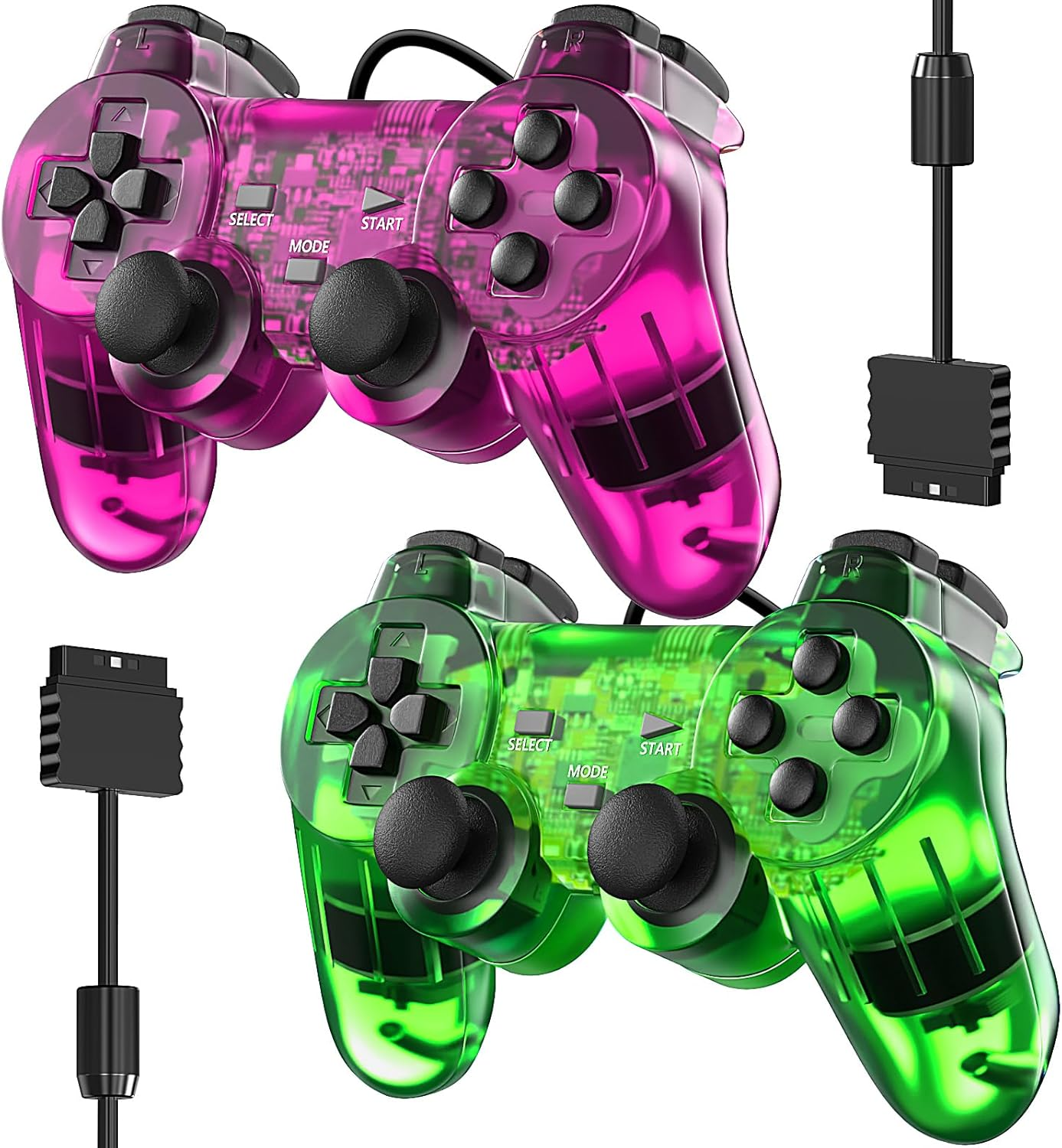 Wired Controller for PS2 Double Shock, 2 Pack Gamepad Remote Compatible with Play Station 2 (Clear Purple and Clear Grean) image number 1