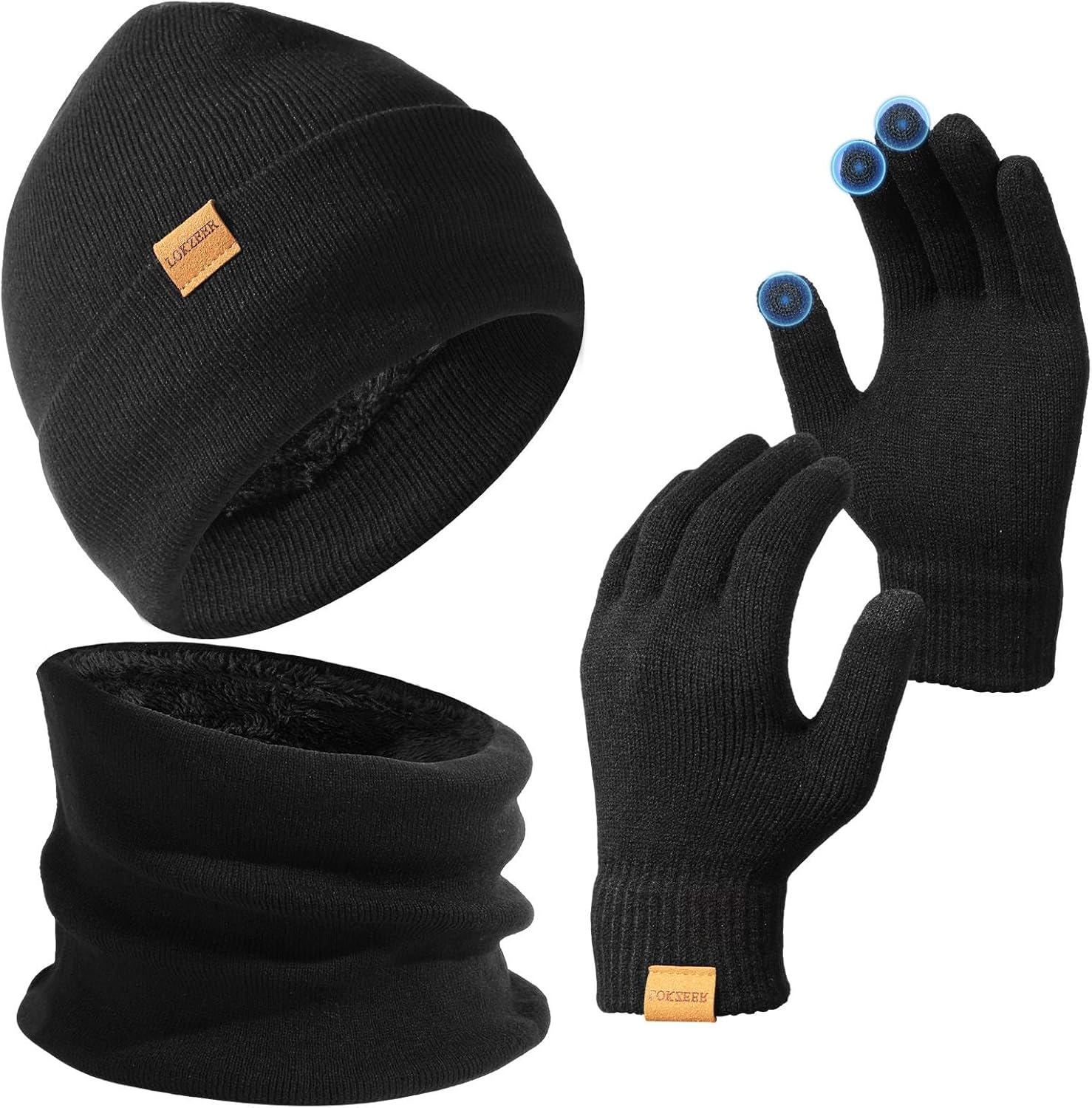 LOKZEER Winter Beanie Gloves Scarf Set: Men Women Warm Hat Scarves with Thermal Wool Lining. Knit Beanies Neck Warmer and Touchscreen Gloves 3 in 1 (One Size)