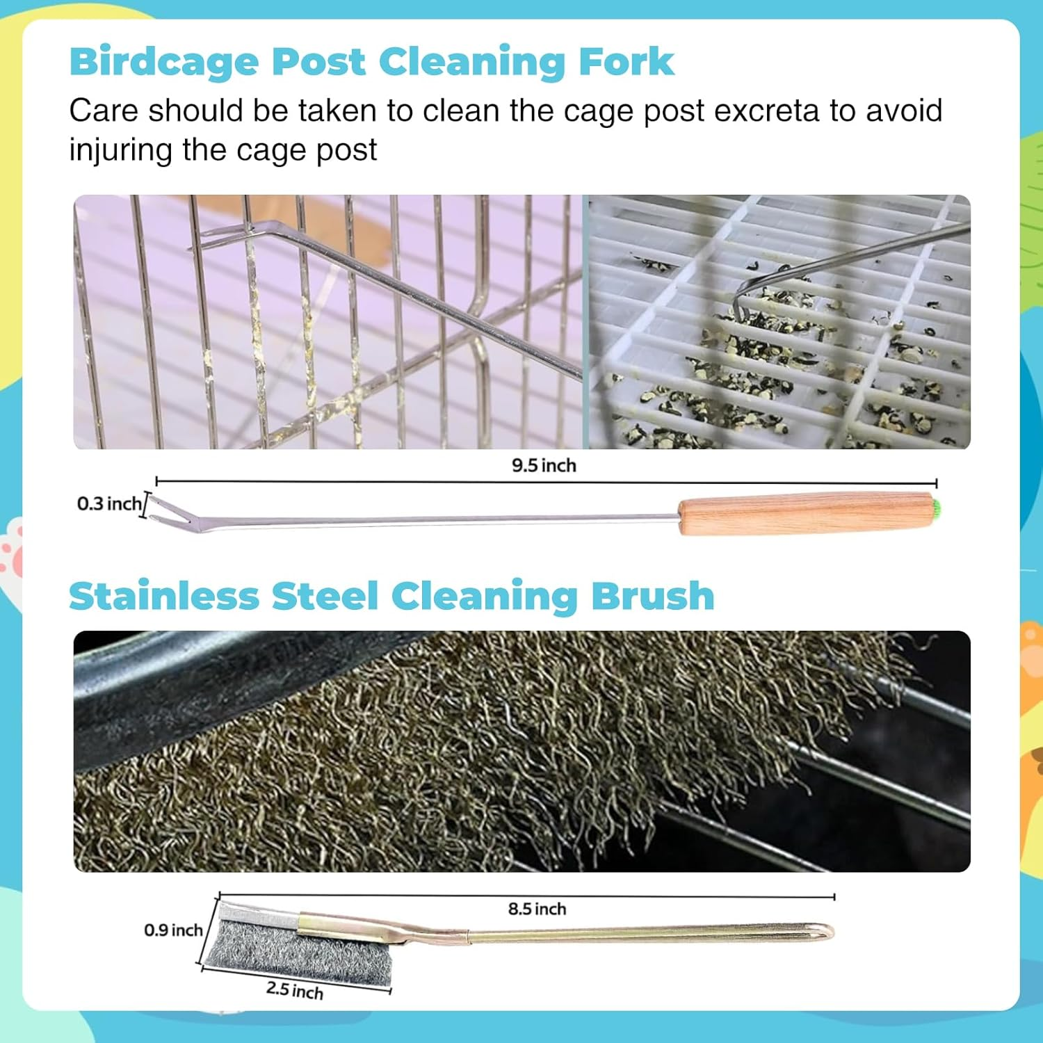 SUSOO 6 PCS Bird Cage Cleaning Kit with Stainless Steel Poop Remover,Brushes,Scraper,Wire Brush,Small Broom and Disposable Gloves,Pet Accessories for Parrot Conure Hamster Rabbit Outdoor Patio image number 3