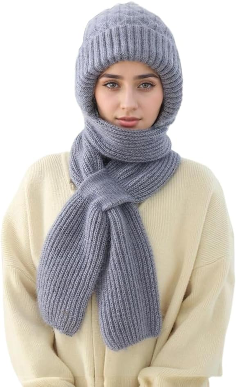 Women Winter Beanie Hats Scarf One-Piece Fleece Lined Warm Knit Ear Protection Integrated Hooded Scarf Cap