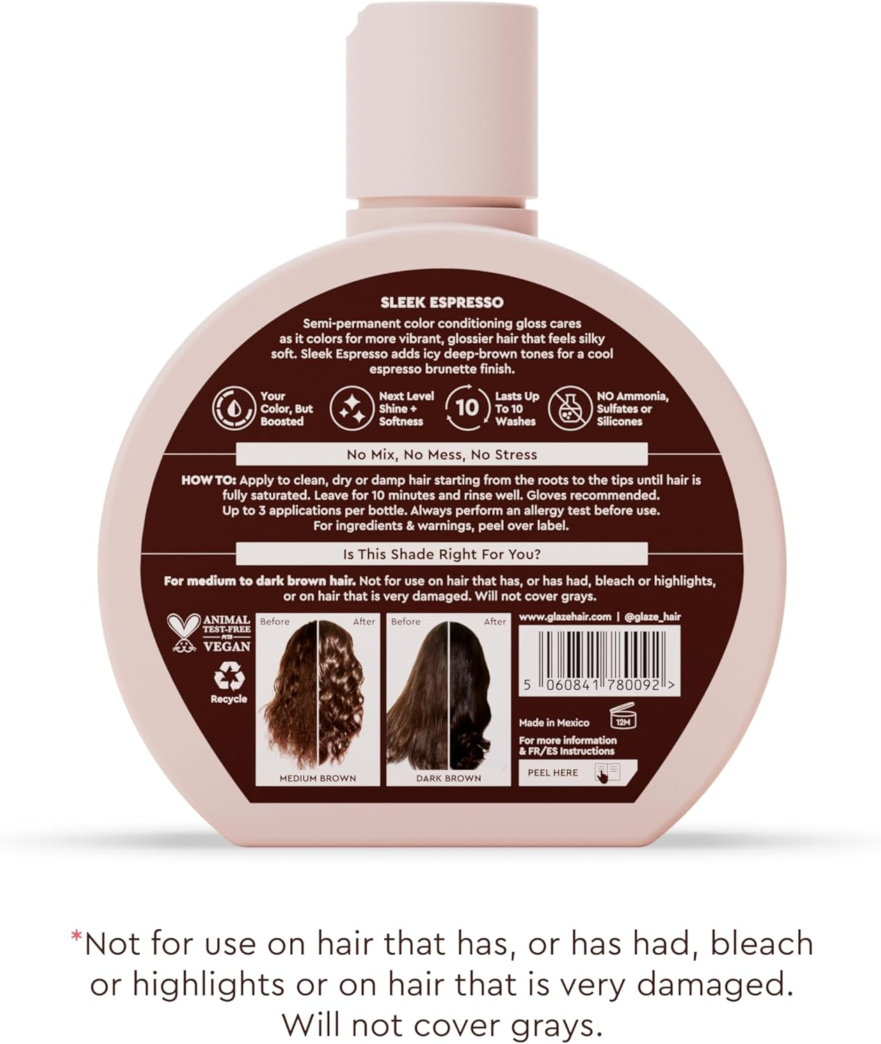 Glaze Supergloss Color Conditioning Gloss &ndash; Hydrating Semi-Permanent Color Hair Gloss & Shine Boost &ndash; Color Depositing Mask - Vegan, Cruelty-Free &ndash; 190Ml - Sleek Espresso Brown image number 6