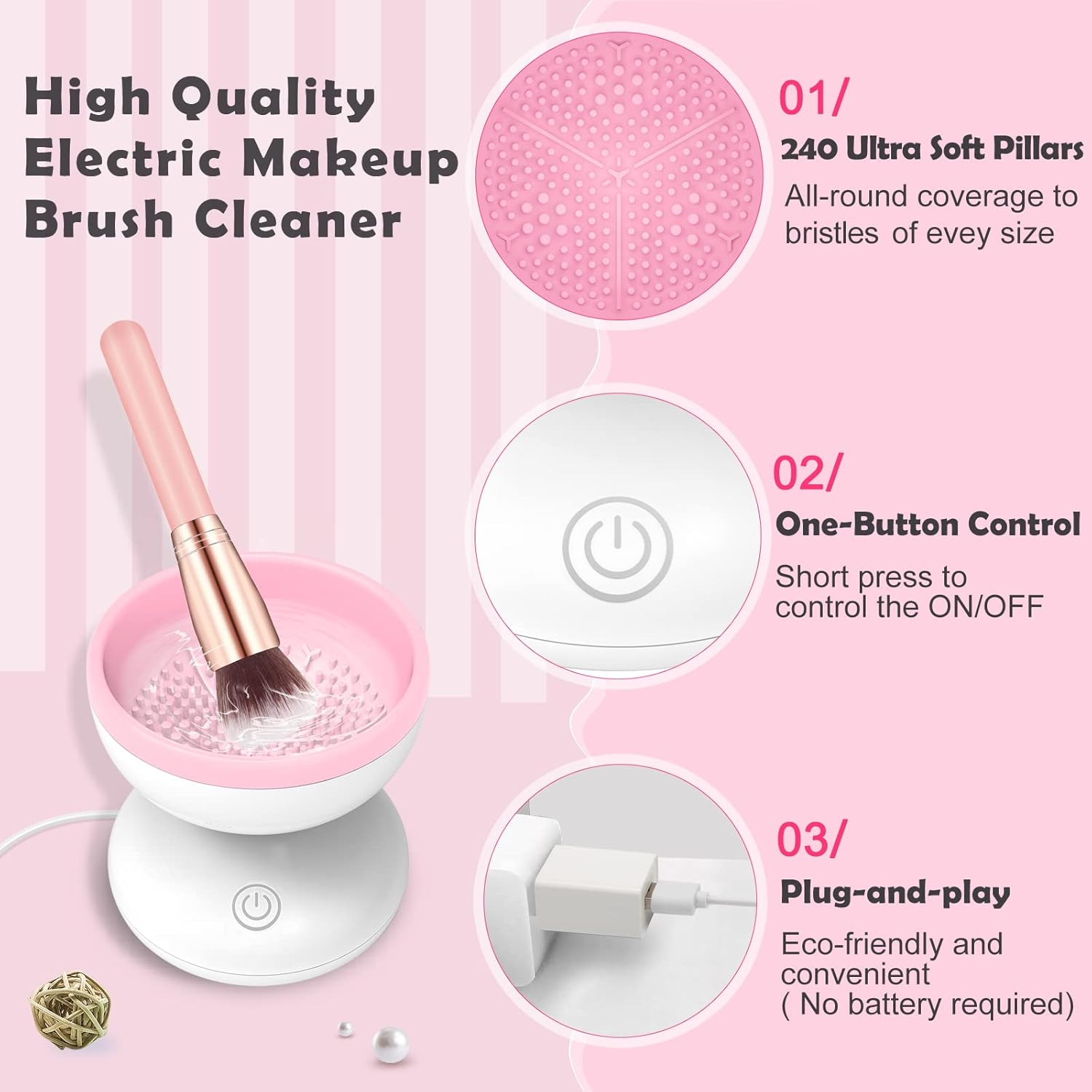 Electric Makeup Brush Cleaner Newest Design, Luxiv Wash Makeup Brush Cleaner Machine Fit for All Size Brushes Automatic Spinner Machine, Makeup Brush Beauty Blender Cleaner (White+Pink) image number 5