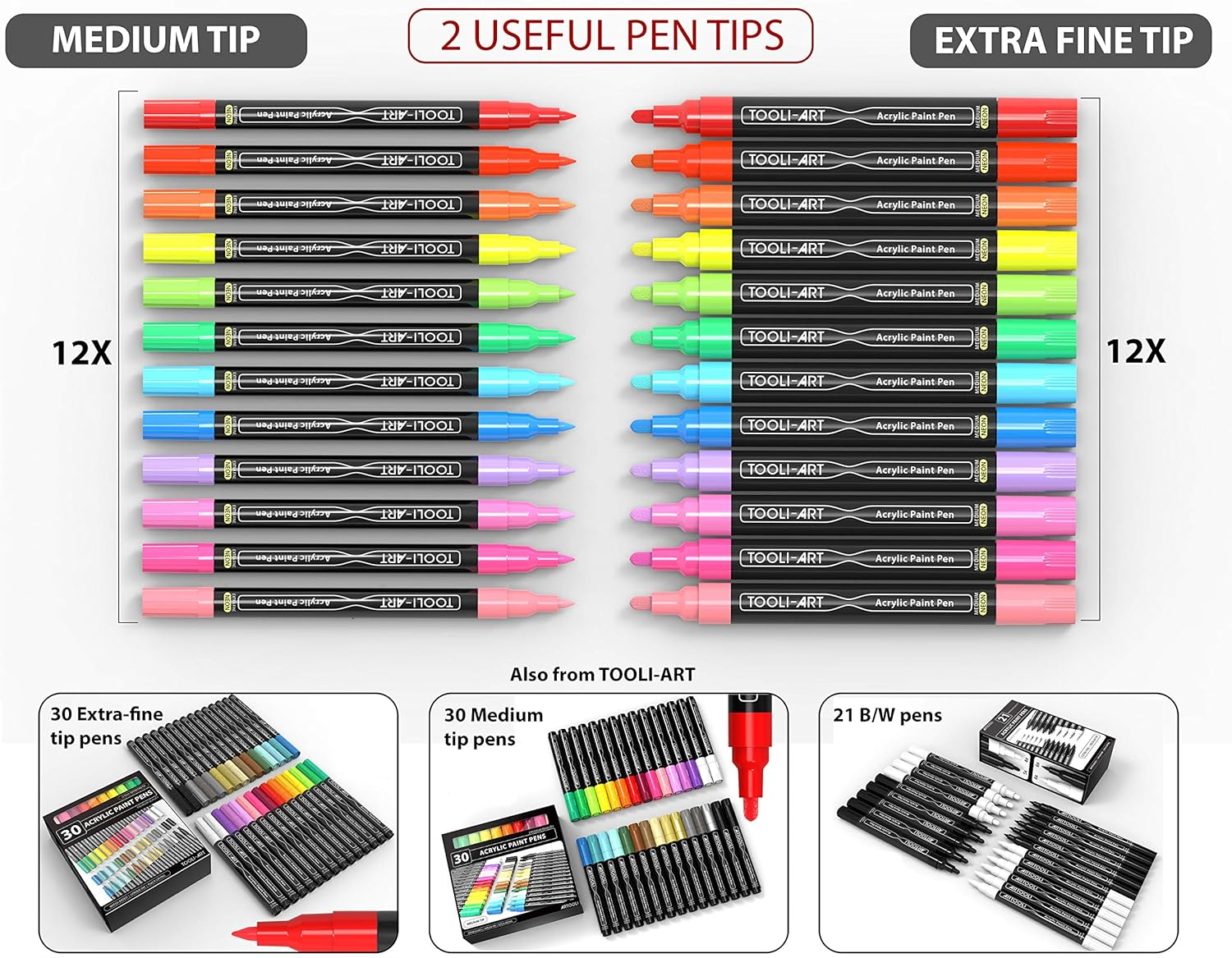 24 Acrylic Paint Pens Markers Set Special Color Series for Rock Painting, Pebbles, Plastic, Canvas, Glass, Mugs, Journaling, Multi Surfaces. Opaque, Waterbased, Quick Drying (NEON COMBO) image number 1