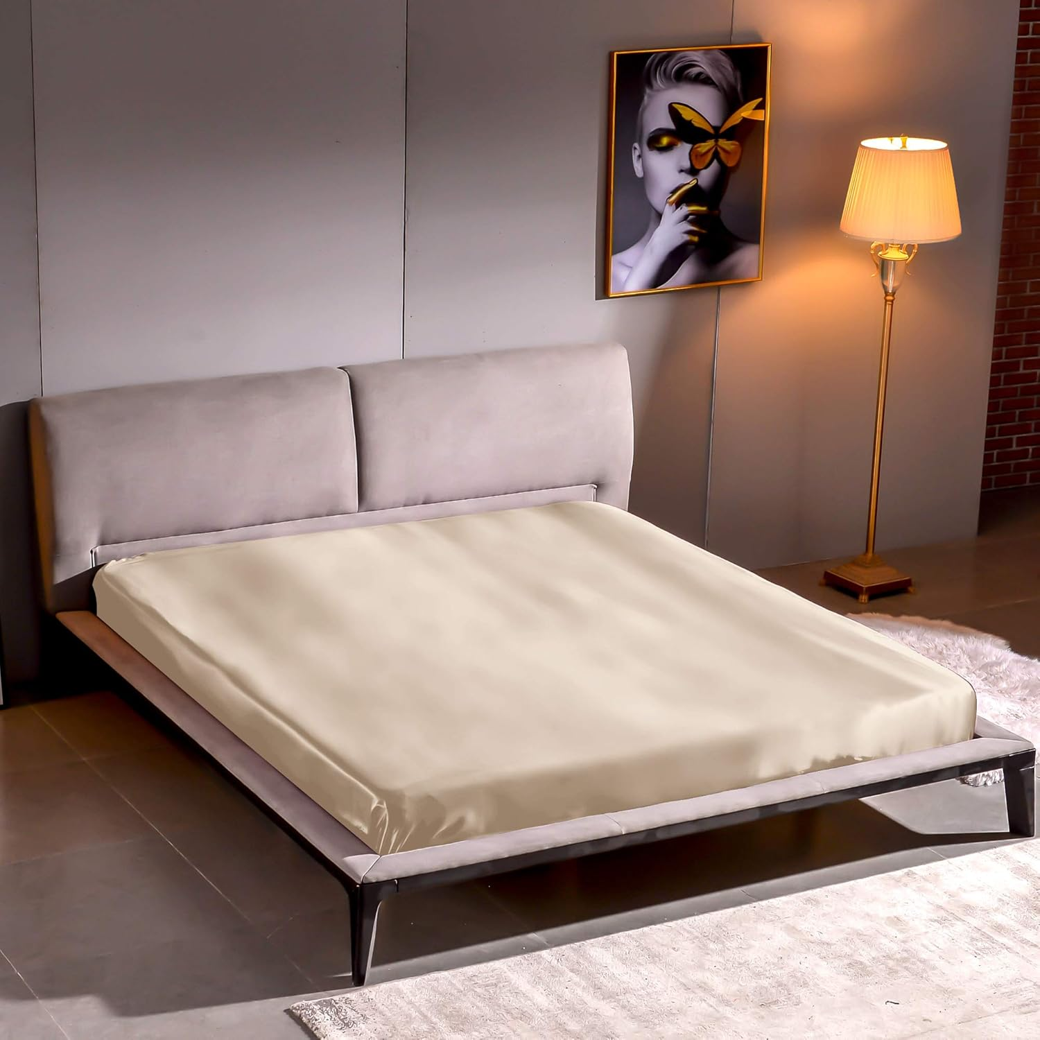 THXSILK Fitted Sheet, Silk Flat Sheet, 140 X 200 Cm, 100% Pure 22 Momme Mulberry Silk Bed Linen, Fitted Sheet, Champagne Silk Bed Sheet for Standard Mattress, 30 Cm