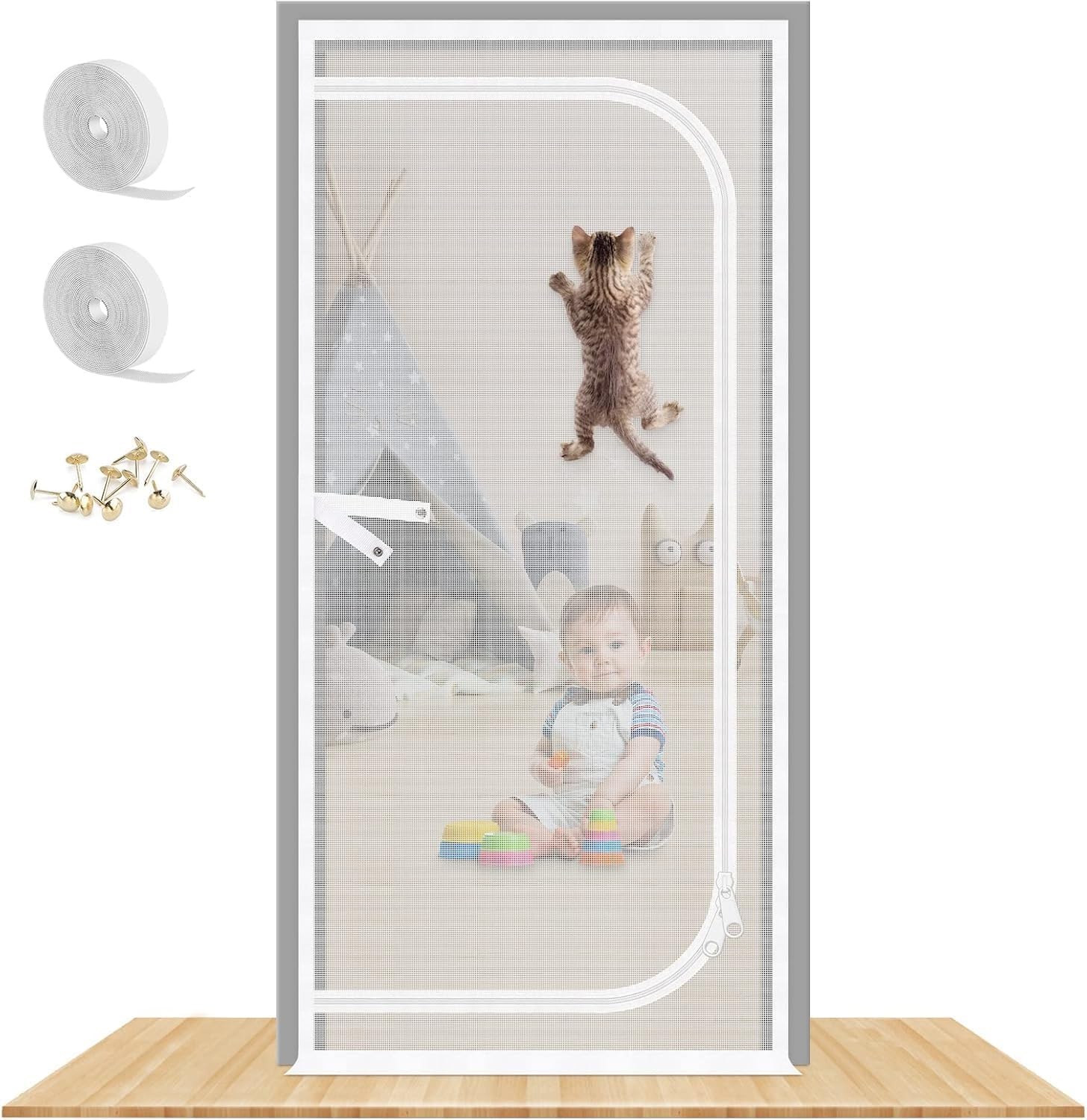 Reinforced Cat Screen Door, 85X210Cm Heavy Duty Pets Proof Screen Door with Two Way Zips, Prevent Dogs Cats Running Out from Home, Bedroom, Living Room, Kitchen Patio Door