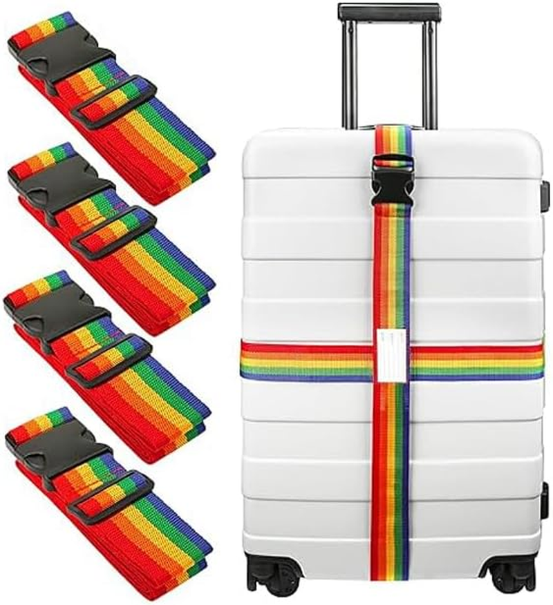 JZS Luxebell Luggage Straps, TSA Approved Suitcase Belts, Adjustable 1.8M Heavy Duty Travel Accessories, Quick Release Buckle, Rainbow, 4 Pack
