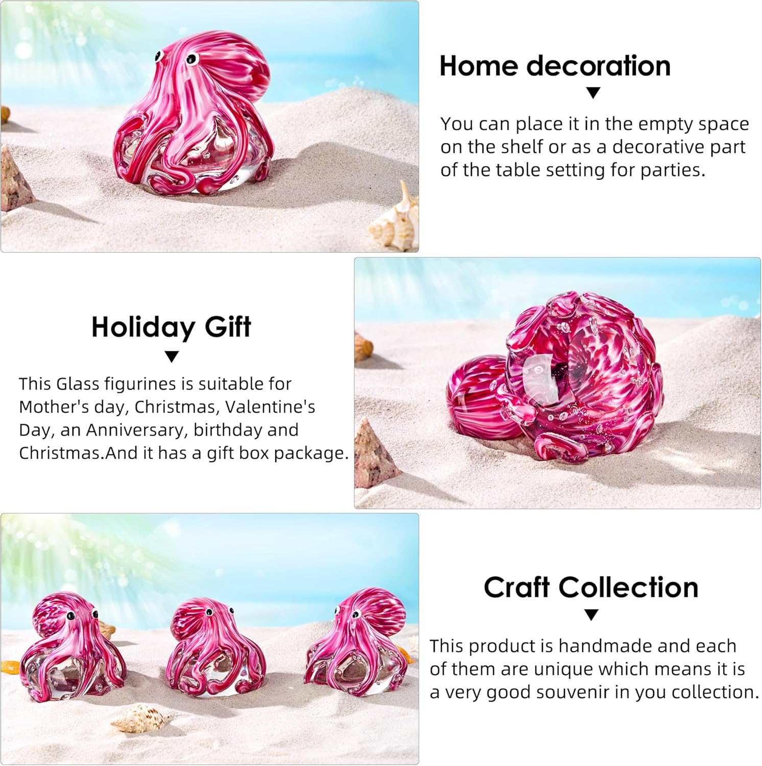 EUSTUMA Hand Blown Glass Octopus Figurine Ornament,Sea Animal Ornament for Fish Tank Aquarium,Sea Animals Collection for Birthday Gift,Glass Office Paperweight for Desk. image number 3