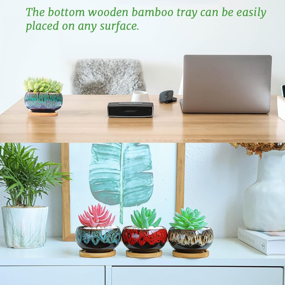 5-Piece Ceramic Indoor Succulent Plant Pots with Drain and Tray, Succulent Plant Pots, round Table Decorative Flower Pots, Ceramic Flower Pot Set, Plants Not Included image number 4