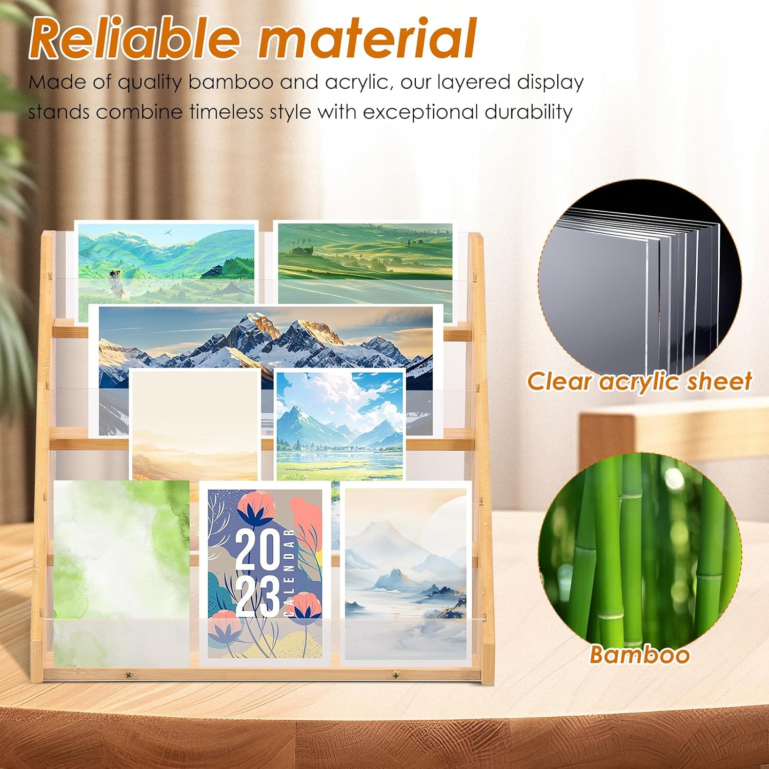 Card Display Stand,Postcard Display,Multifunctional Card Organizer,Easy to Install Greeting Card,Card Display Stand Greeting Card,Display 4 Bamboo and Acrylic Card,Stand Multifunctional