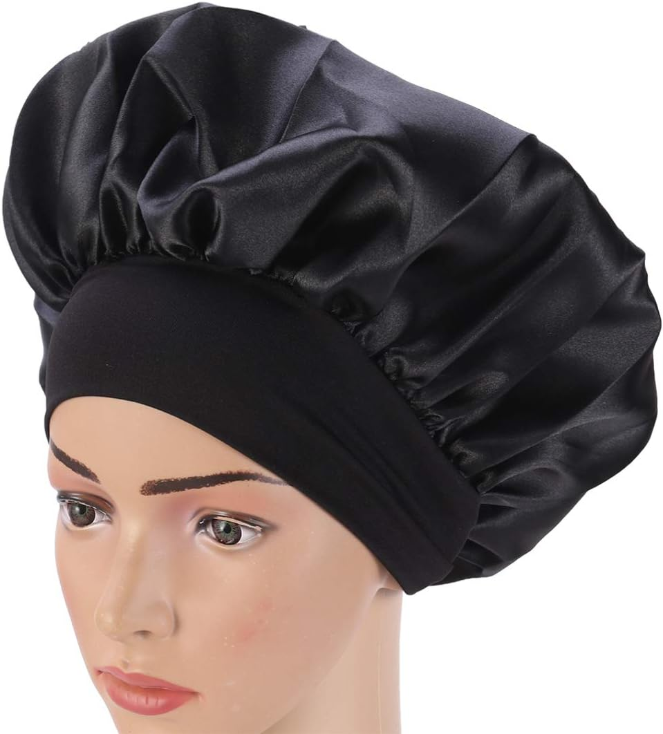 ARTIBETTER Sleep Night Cap Wide Band Bonnet Cap Night Head Cover Soft Hair Turban Hair Loss Hat for Women Size M (Black) 56-58Cm image number 2