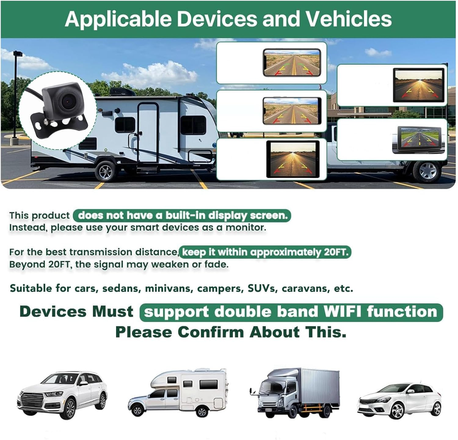 Backup Camera, Wire Less Fidelity Vehicle Backup Camera, HD 1080P 90 &deg; Wide Angle, Automatic Infrared Night Vision Lights, Rear Camera for Android & Ios image number 2