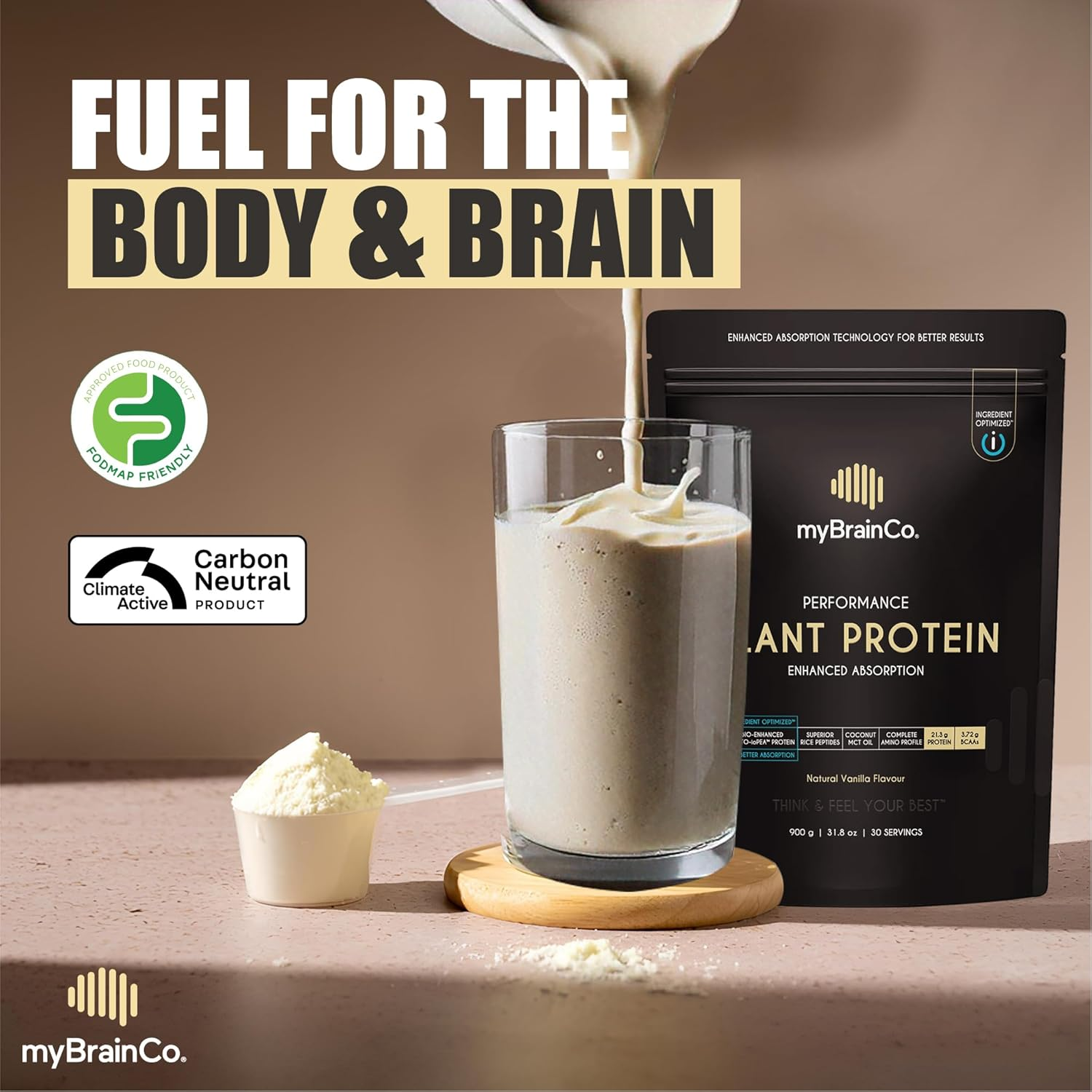 Mybrainco. Bio-Optimised Plant Protein Powder, 300% Better Absorption, Organic Iopea&reg; + Rice Peptides + Pure MCT &ndash; Vegan, FODMAP Certified, No Bloating - Natural Vanilla 900G (30 Servings) image number 2