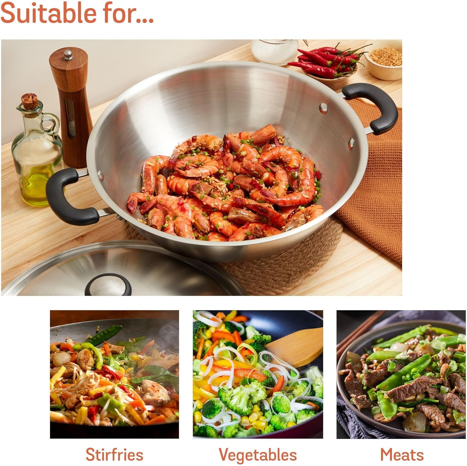 Meyer Centennial Stainless Steel Wok 36Cm with Lid, 7.3L, Induction Compatible, Tri-Ply Base, Dishwasher & Oven Safe, Scratch Resistant Stir Fry Pan, Silver