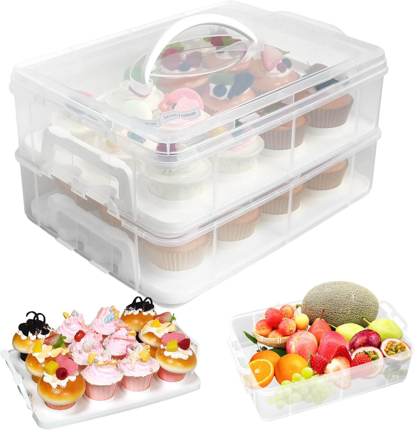 NNAKLLI Plastic Cupcake Carrier, Stackable Cupcake Holder Carries with Lid & Handles, Fruits, Cookie, Cake, Cupcake and Brownie Storage Carrier, Reusable Cupcake Boxes (Transparent, 24 Holders) image number 2