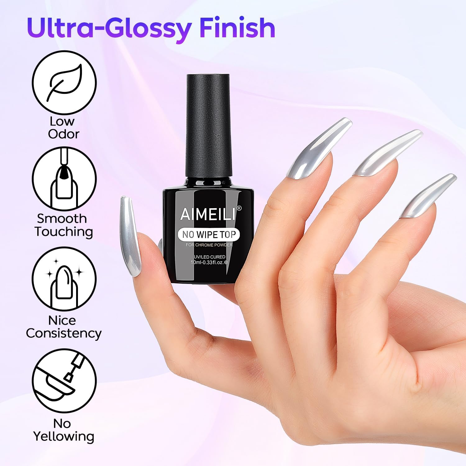 AIMEILI Gel Top Coat for Chrome Nail Powder, Hema Free, Cruelty Free, Vegan, Clear No Wipe High Gloss Top Gel Nail Polish Mirror Shine Long Lasting image number 1