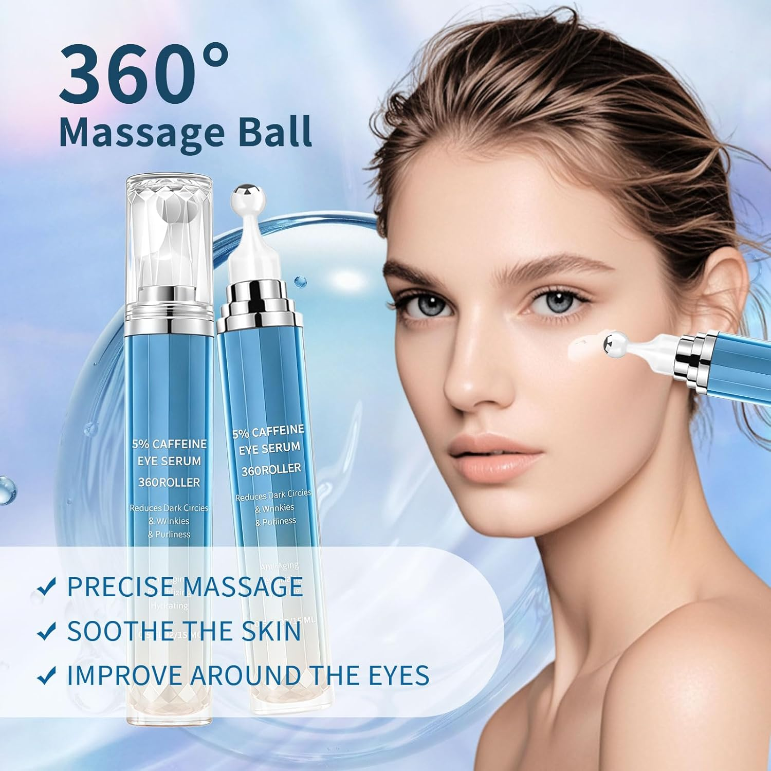 Eye Cream with 5% Caffeine Hyaluronic Acid, Eye Serum with 360&deg; Roller Massage Ball for Puffy, Fine Lines, Dark Circles and Wrinkles, under Eye Treatment Serum for Women & Men (Blue) image number 3
