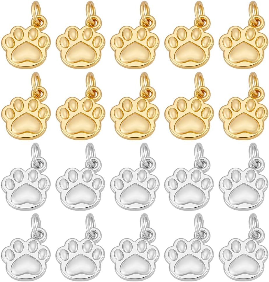 PH Pandahall Pack of 20 2 Coloured Brass Charms Pendants with Dog Paw Print and Jump Ring 18 K Gold-Plated Pendant for Making Jewellery and Necklaces image number 3