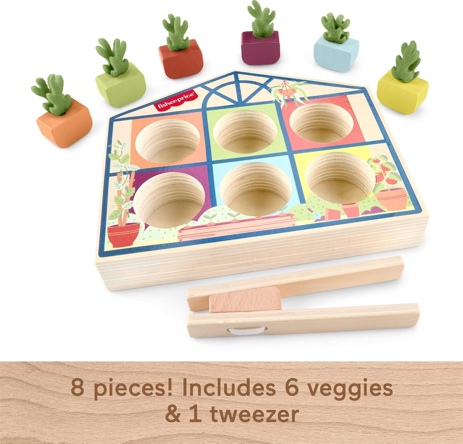Fisher-Price Wood Preschool Toy Sorting Greenhouse, Tiny Garden Wooden Activity for Fine Motor Developmental Play Kids Ages 3+ Years​ image number 1
