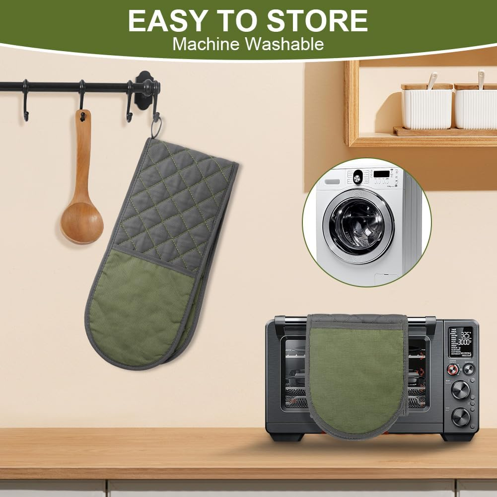 AUAUY 1 PC Double Oven Gloves, 250&deg;C/482&deg;F Heat Resistant BBQ Oven Mittens with Ropes, Exquisite Stitching Design Gloves Oven Mitts, Thick Cotton Oven Glove Mitts for Cooking Baking Grilling, Green image number 1