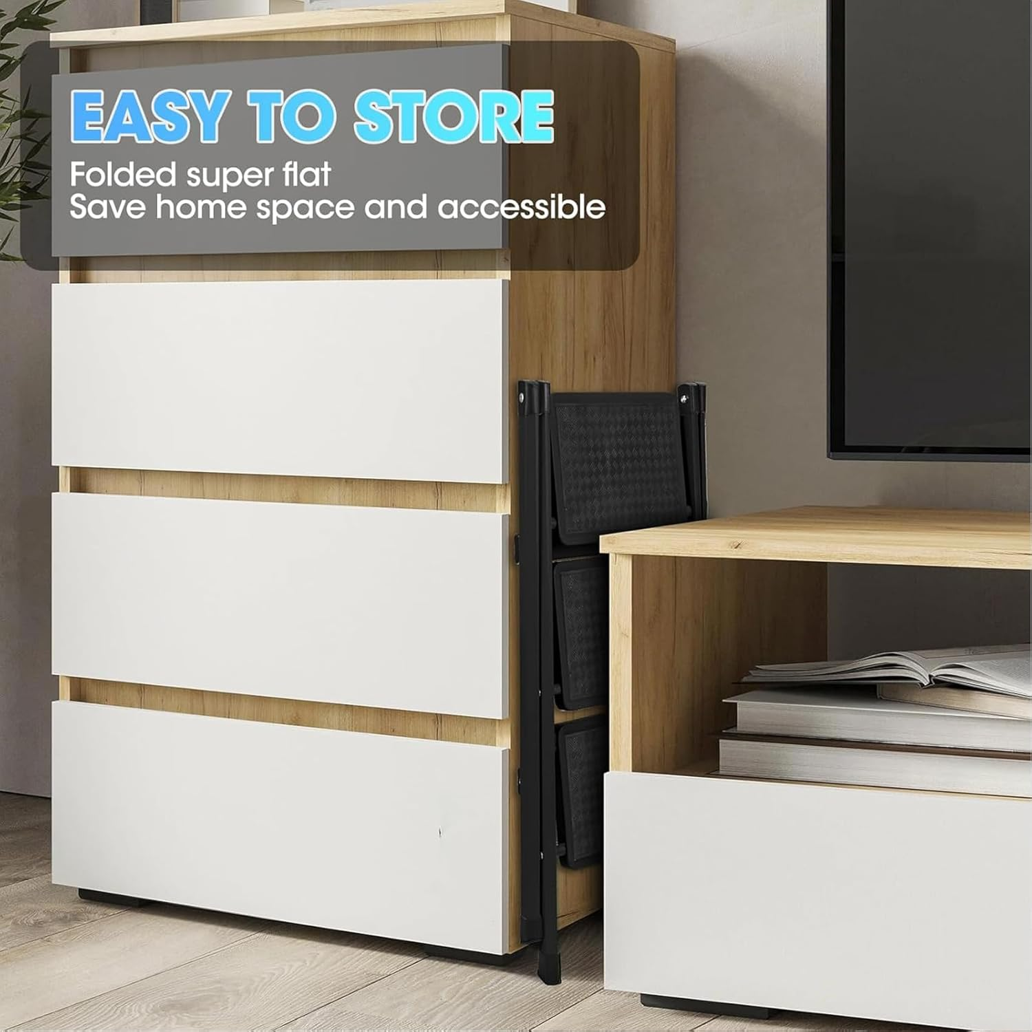 Foldable Black Step Ladder, 3 Step Stool with Wide Anti-Slip Pedal, Portable Sturdy Steel Ladder, 42 * 71 * 80Cm image number 4