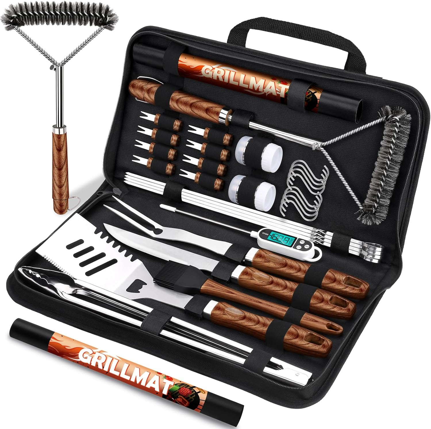 31Pcs BBQ Grill Accessories Set for Men Dad, Heavy Duty Grilling Tools Gifts for Fathers Day, Stainless Steel BBQ Utensils Kit with Mats, Grill Brush in Carrying Bag Brown