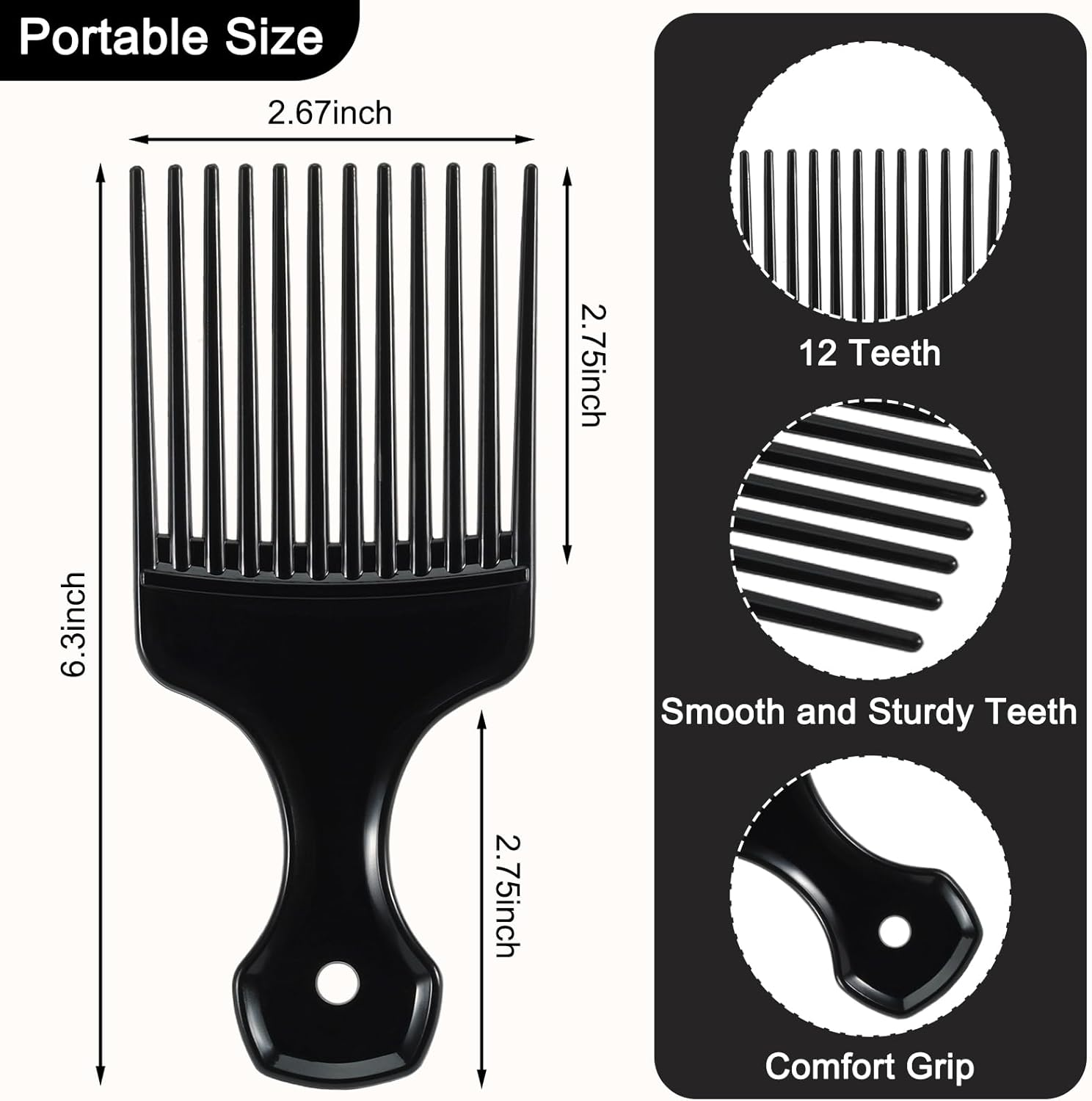 2 Pcs Hair Pick Comb Wide Tooth Lift for Hair Styling Detangling Plastic Afro Comb for Women Men (Black, Red) image number 6